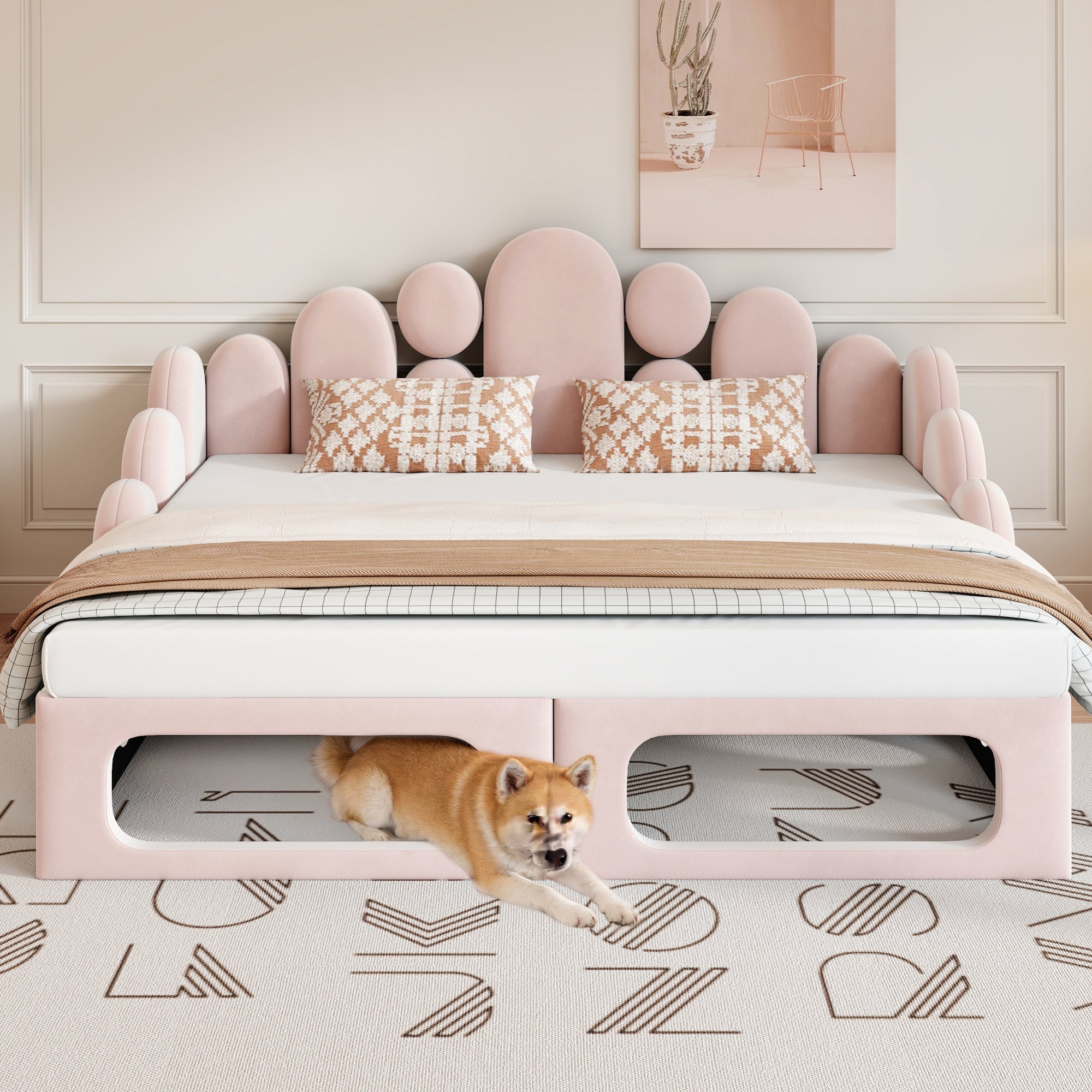 Upholstered Sofa Bed with Pet Bed and Backrest, 180x200cm, Pink Velvet