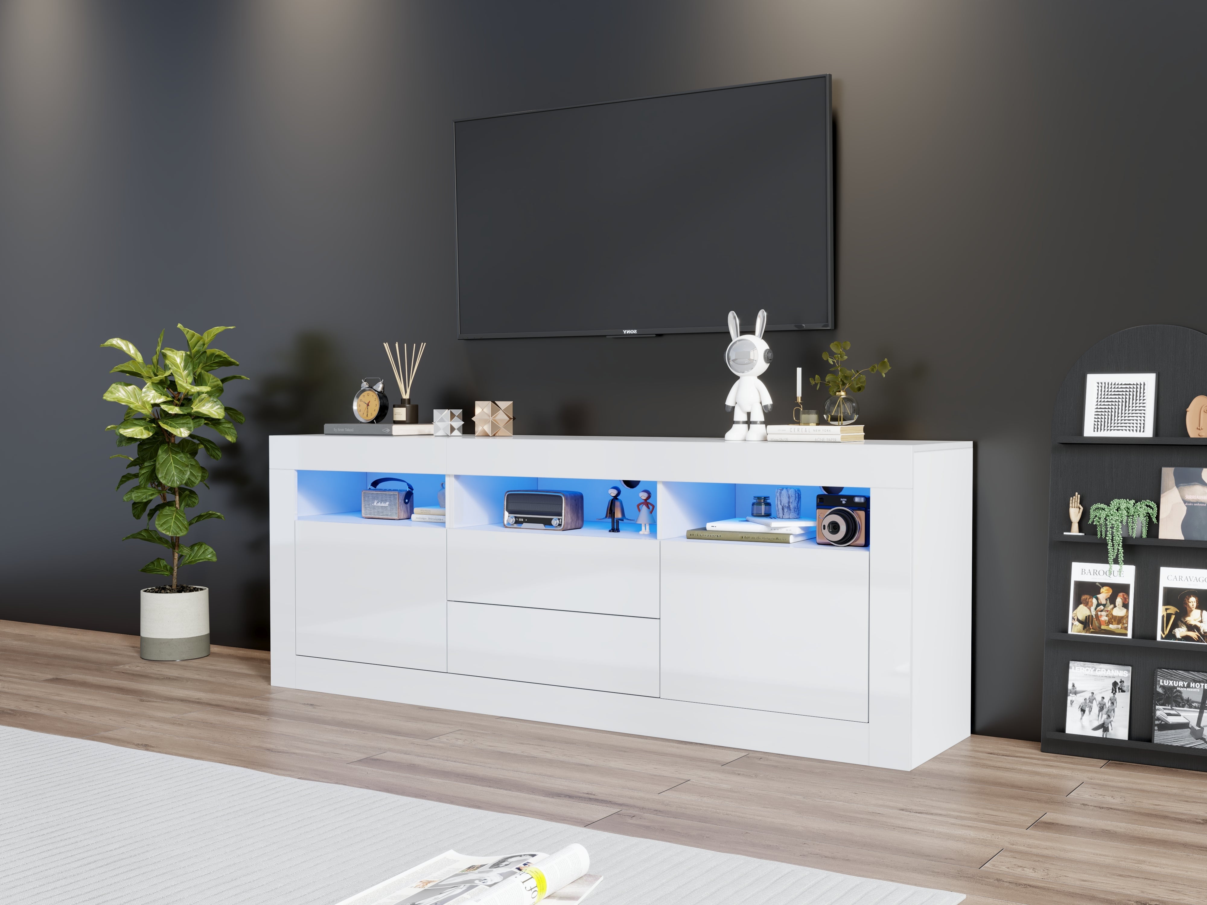 TV Cabinet, 160x35x60cm LED Lit, 3 Open, 2 Doors, 2 Drawers, Smart App Control, High Gloss