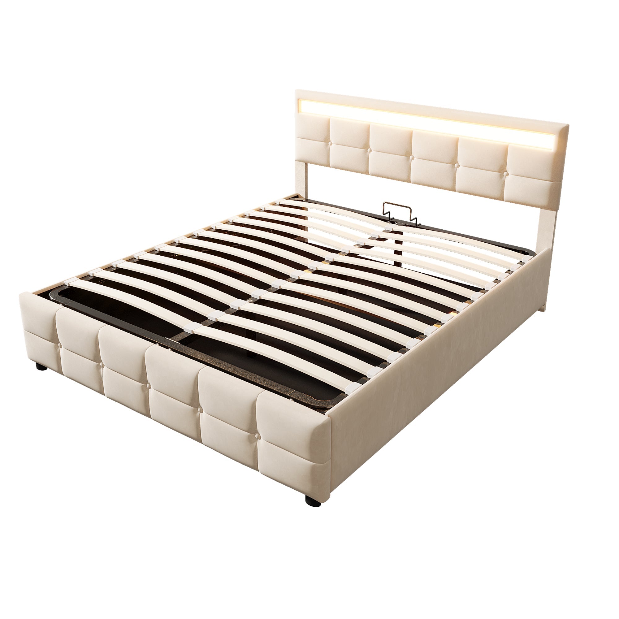 Upholstered Bed 180x200cm LED Hydraulic Slatted Frame, Dutch Velvet Beige