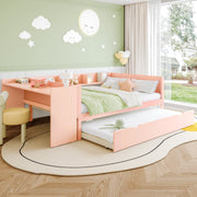 Wooden Flatbed Double Bed with Desk, Trundle and Shelves, 140x200cm, Pink