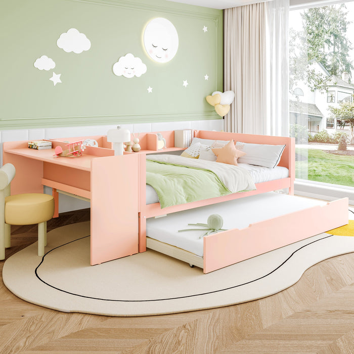 Wooden Flatbed Double Bed with Desk, Trundle and Shelves, 140x200cm, Pink