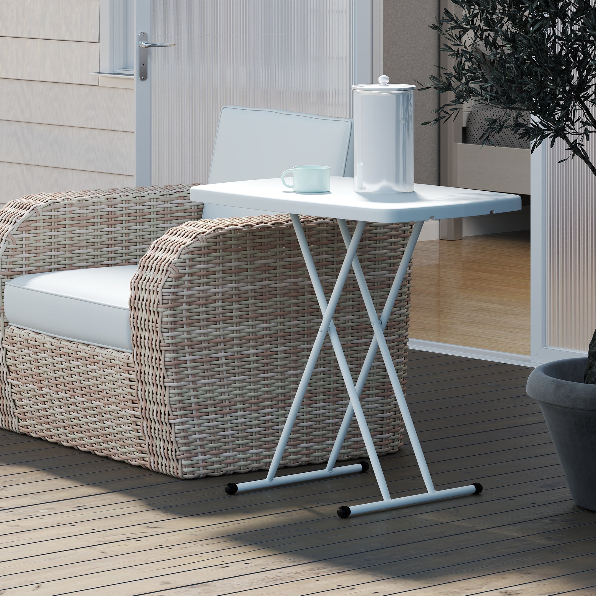 Side Table, Height-Adjustable Foldable Outdoor/Indoor, 76x50x74cm, Plastic White