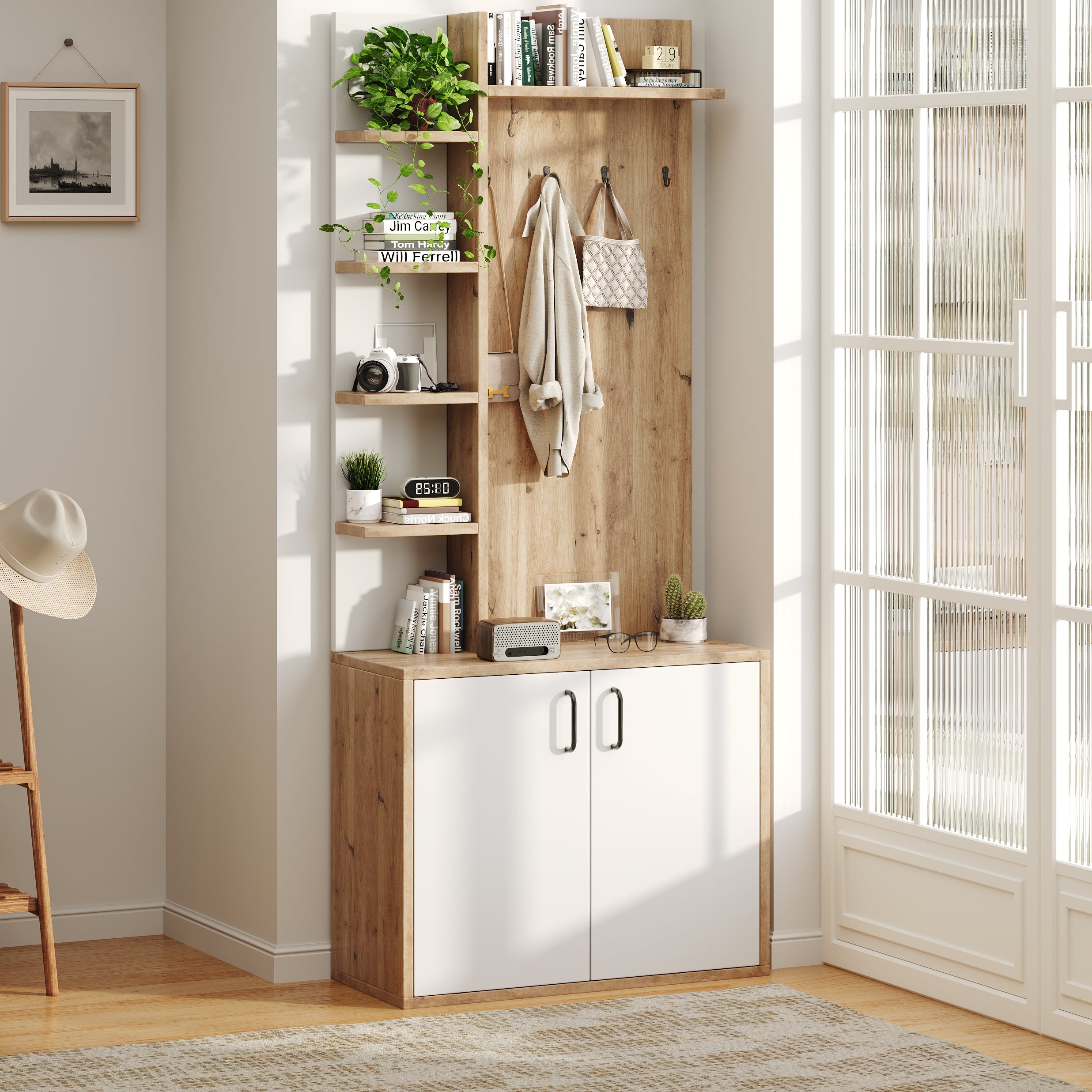 Coat Rack, 75x33x180cm Wardrobe, Shoe Storage & Hooks, Wood & White