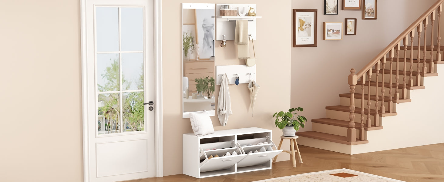 4-Piece Wardrobe Set, 90x30x41.5cm Mirror Hat Shelf Shoe Cabinet 6 Hooks, White