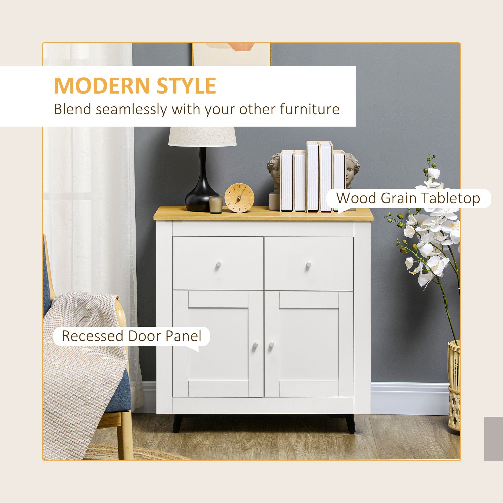 Sideboard Storage Cabinet with Double Doors and Drawers, White Engineered Wood