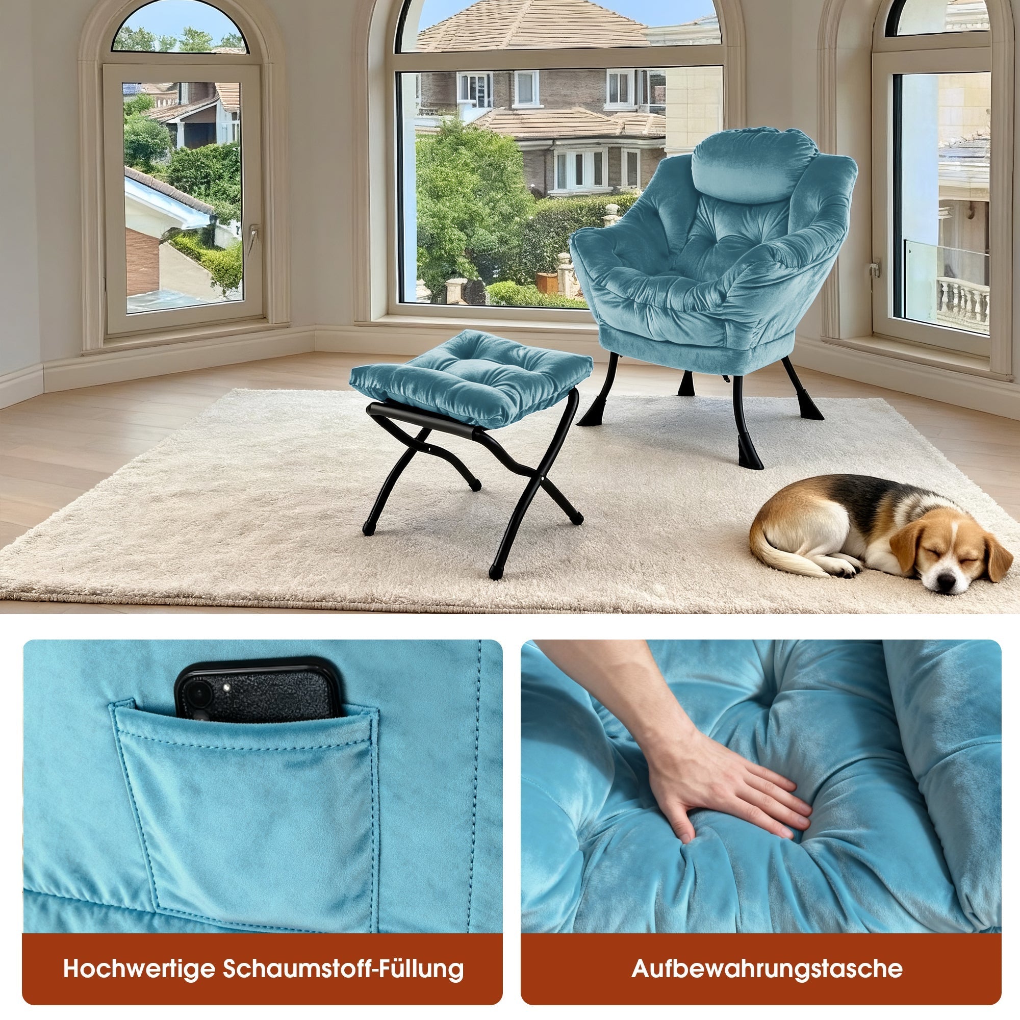 Armchair Recliner with Footstool, Armrests, Side Pocket - Blue