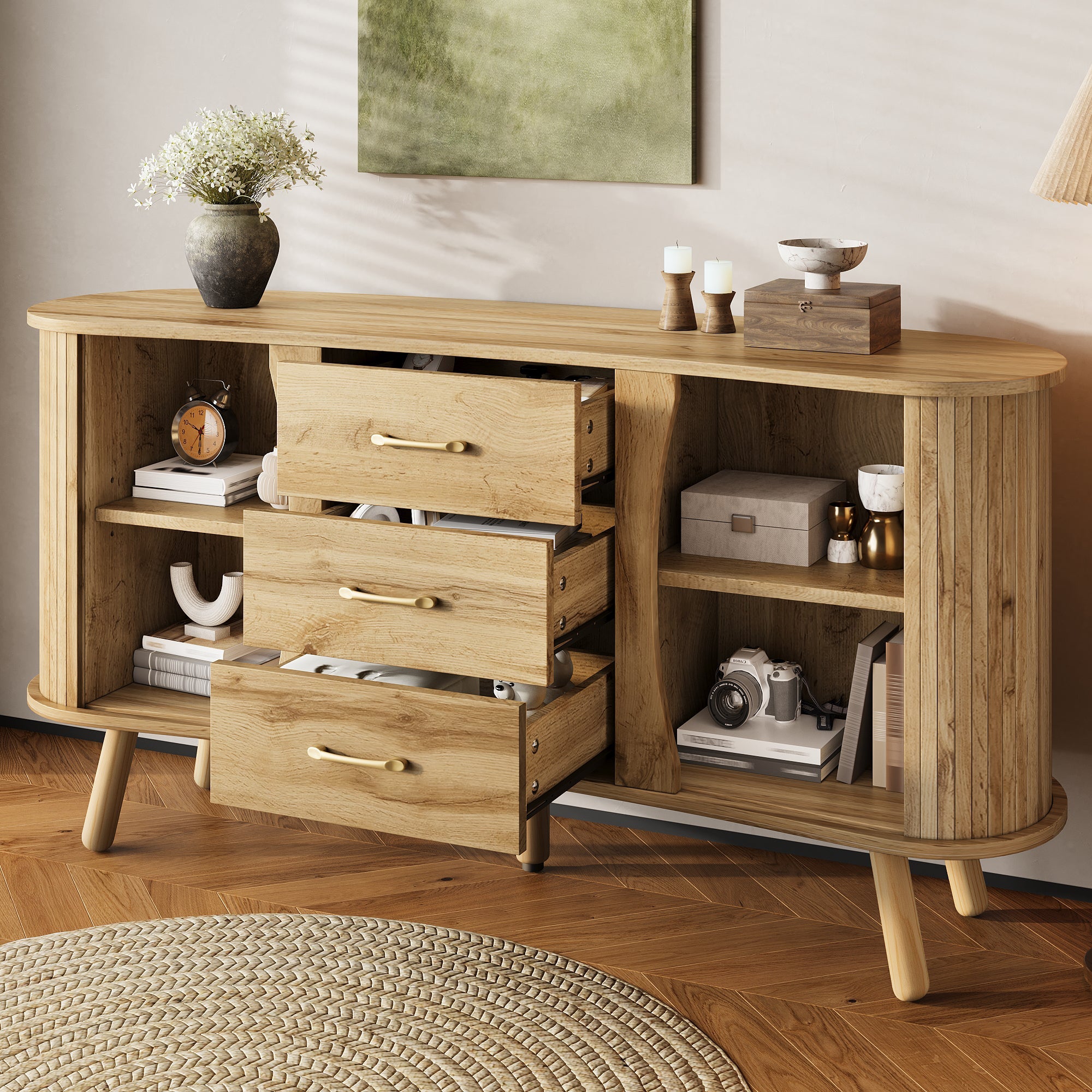 Scandinavian Pea-Shaped Sideboard with 2 Sliding Doors and 3 Drawers, Wood Look MDF
