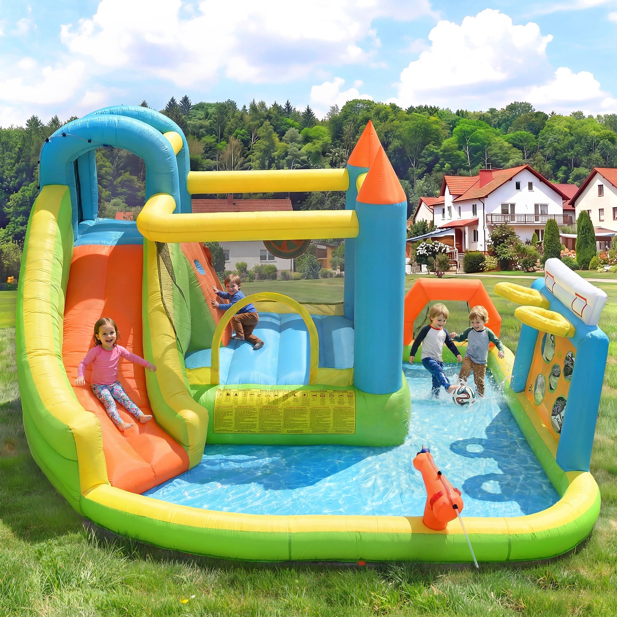 Inflatable Bouncy Castle with Slide, Water Pool and Basketball Hoop, 360x320x200cm, Multicolor