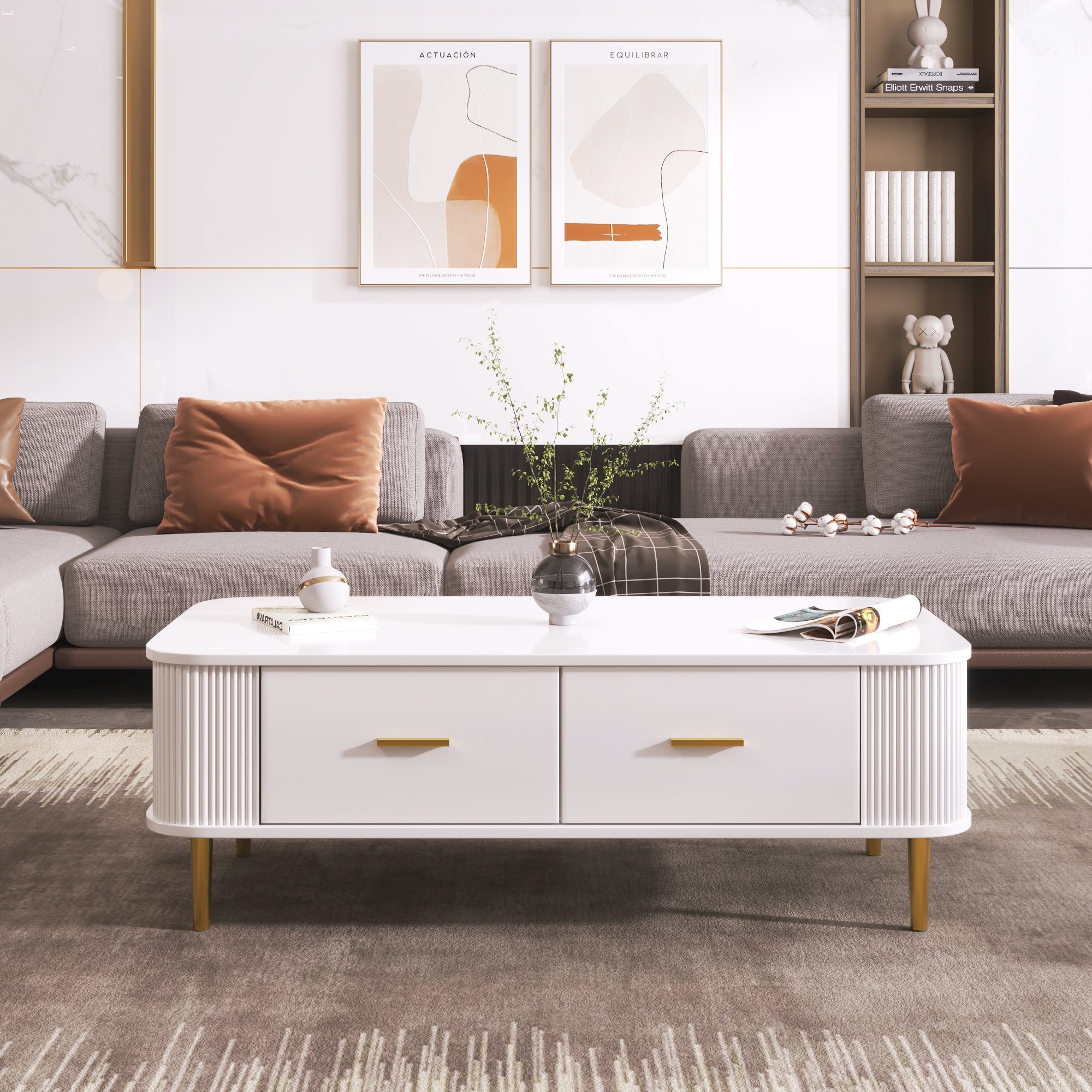 Coffee Table with Drawers, Curved Corners, Wavy Sides, Gold