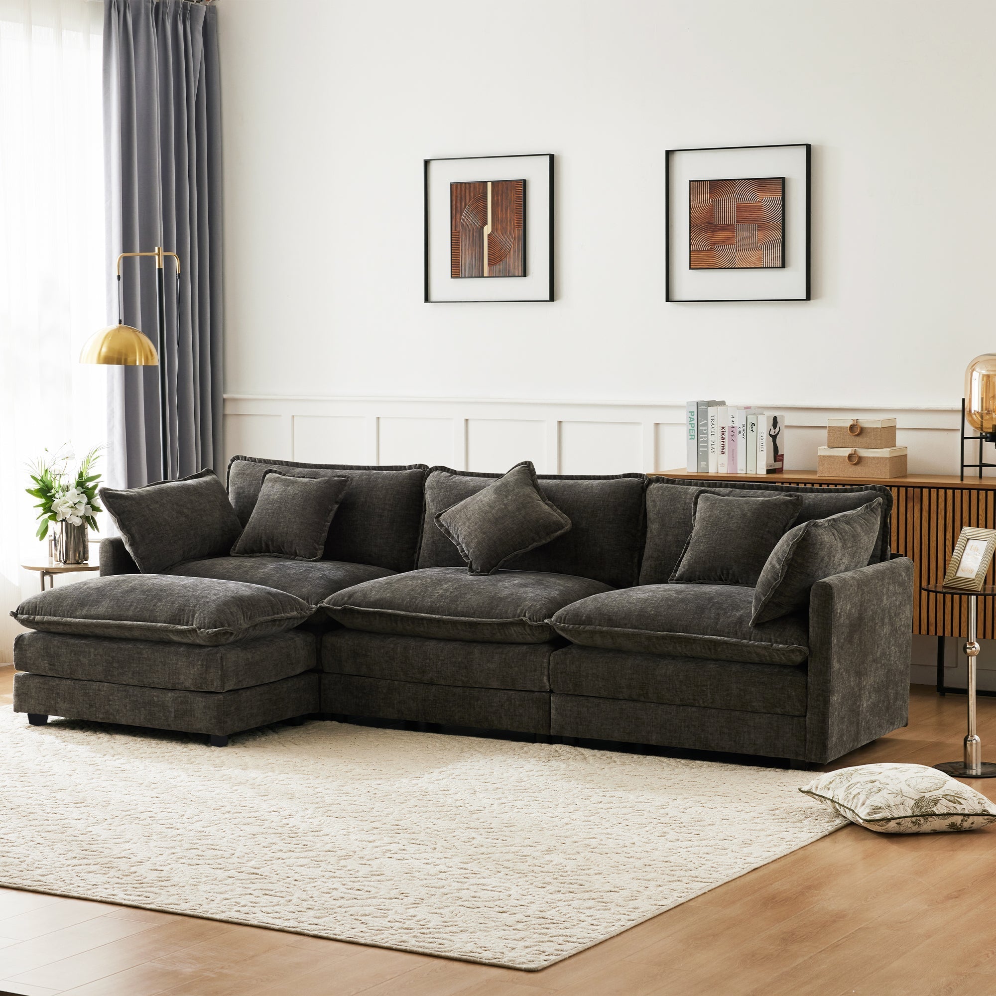 L-Shaped Corner Sofa with Footrest, 3-Seater Upholstered, Chenille Fabric