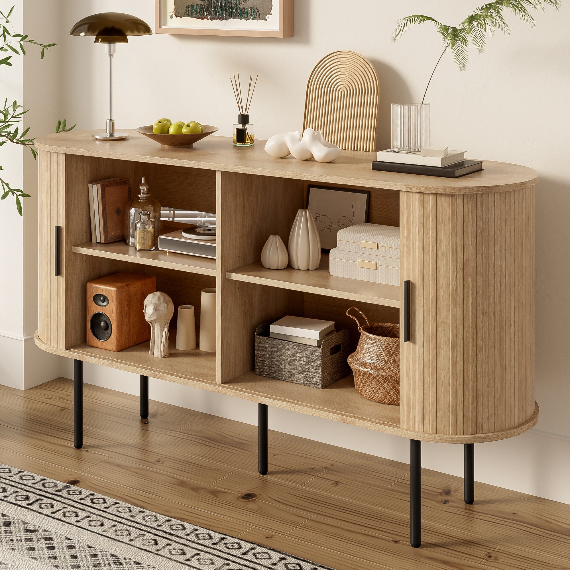 MDF Sideboard, Roller Blind Doors, Aluminum Handles, Iron Legs