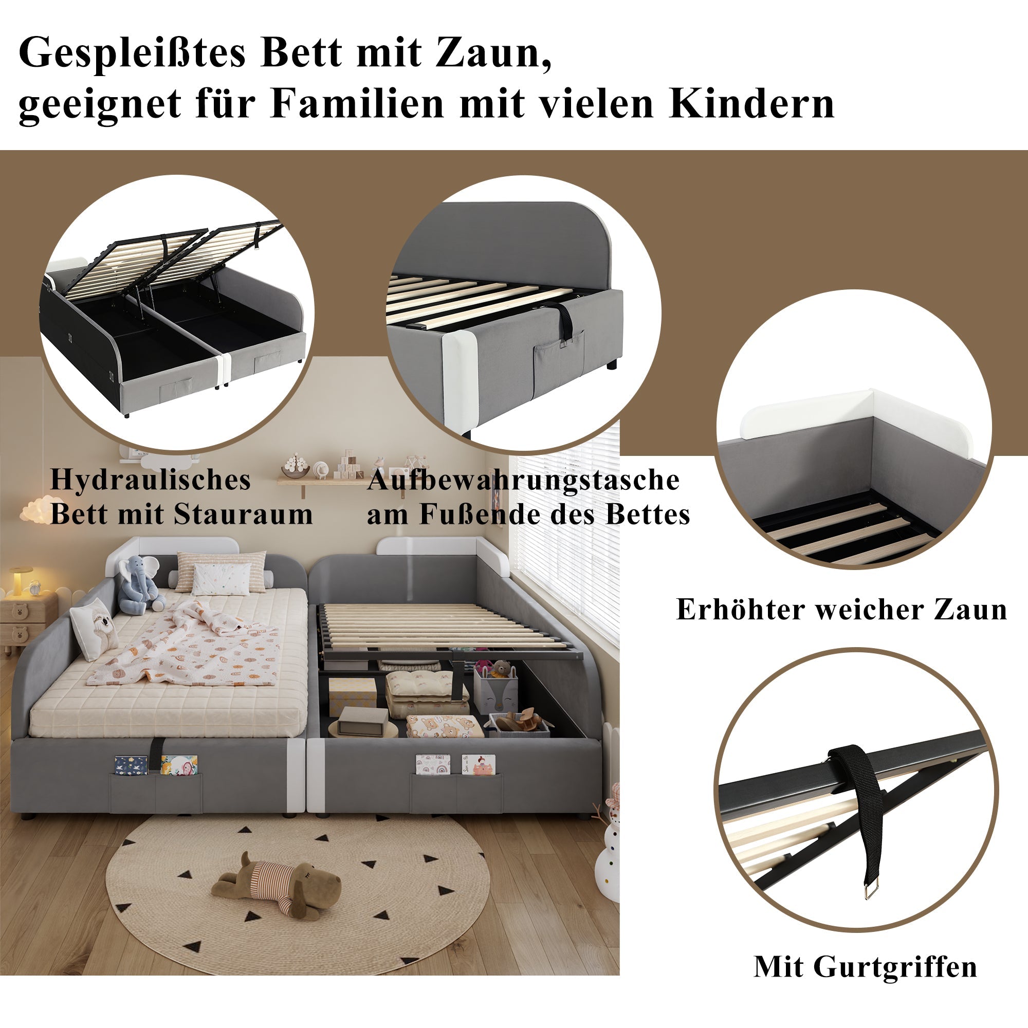 Upholstered Bed, Combined Children's Hydraulic with Storage, Grey Velvet & Plywood