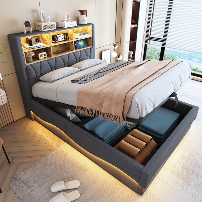 Upholstered Bed 140x200 Hydraulic Storage LED/USB Slatted Frame, Linen Grey