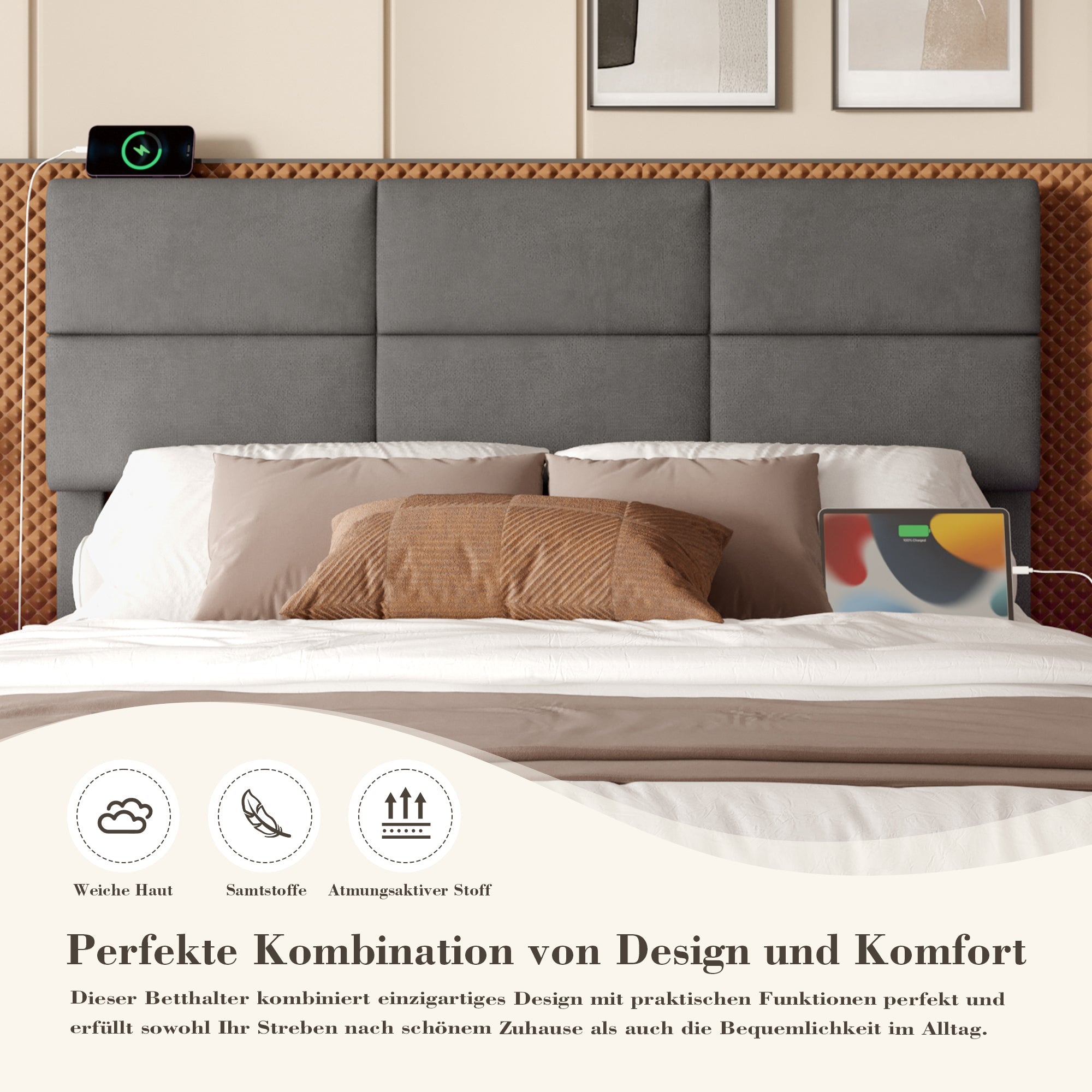 Velour Upholstered Bed, 140x200cm, Adjustable Headboard, USB/Type-C, LED Lighting, Hydraulic Lift, XXL Storage, Grey