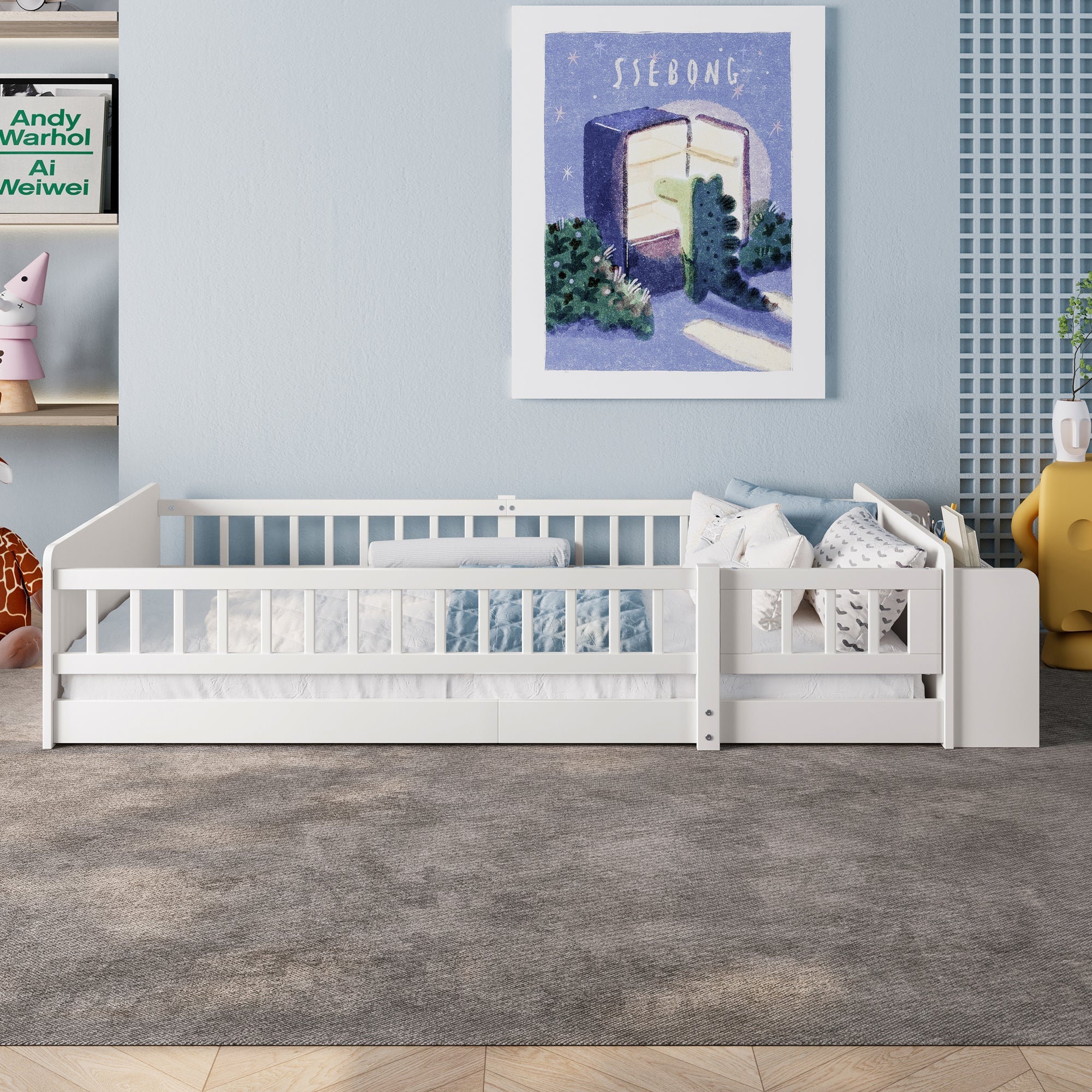 Wooden Children's Bed 90x200cm Open Storage Shelves and Case White Pine Wood