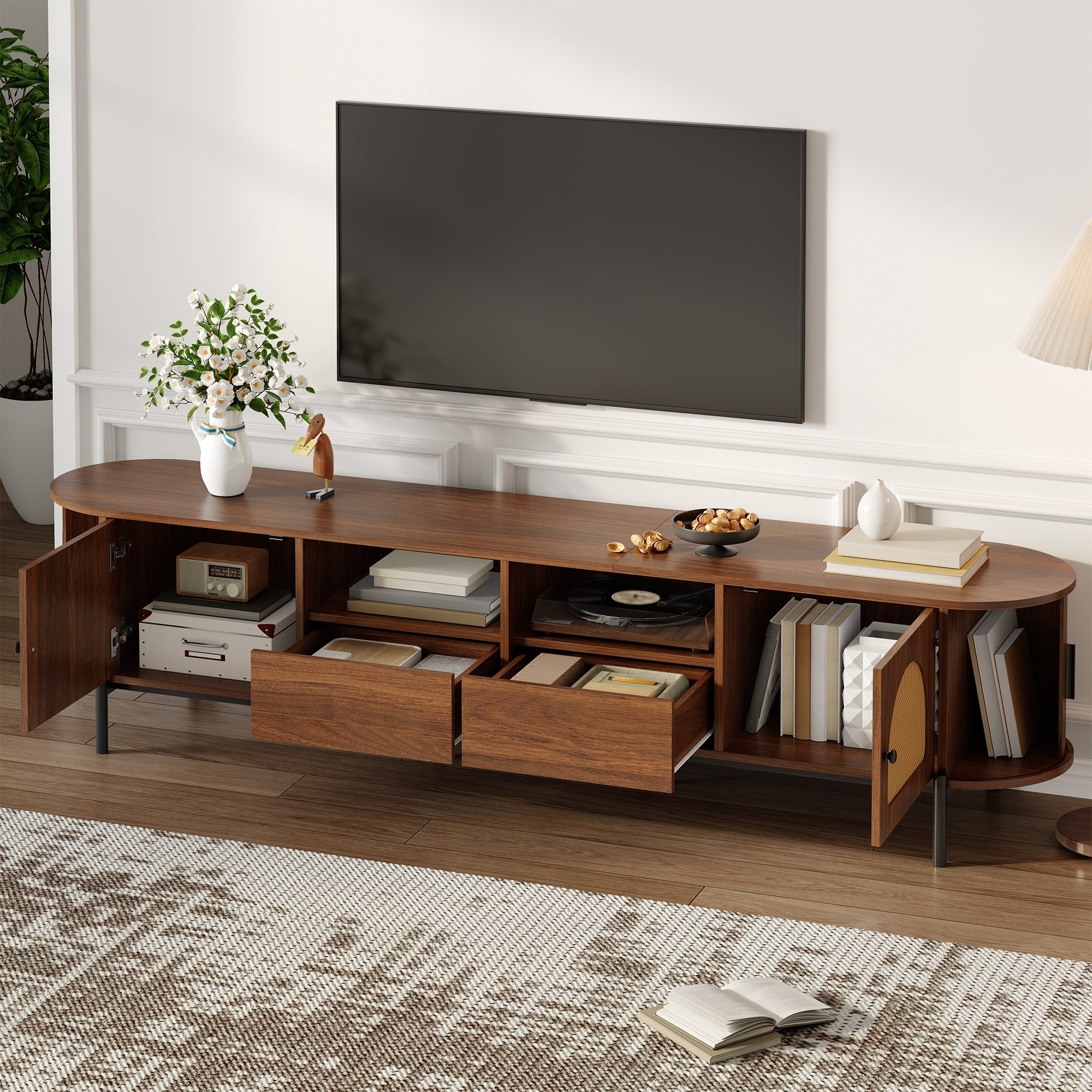 Oval TV Cabinet with Rattan Sliding Doors and Drawers, Wood Look and Metal Legs