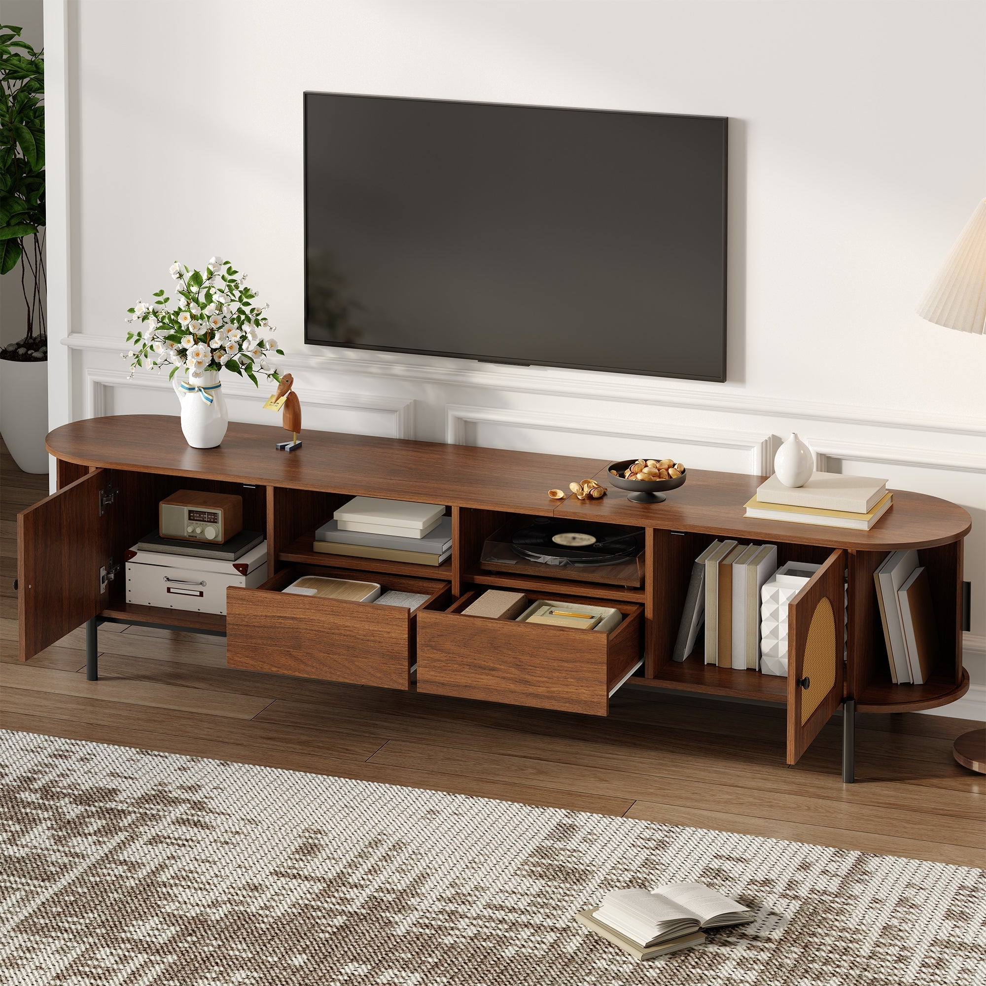 Oval TV Cabinet with Rattan Sliding Doors and Drawers, Wood Look and Metal Legs