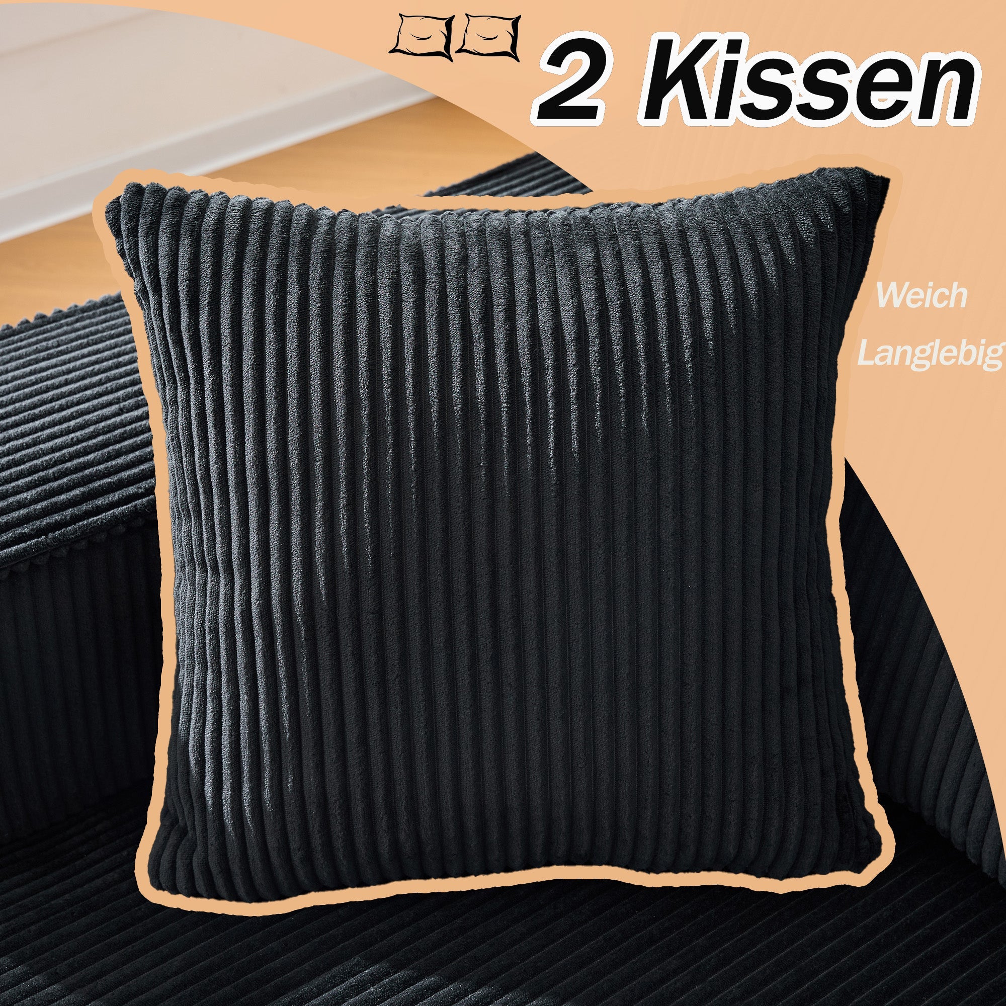 L-shaped Modular Corner Sofa 2-Seater Chaise Black Corduroy Fabric