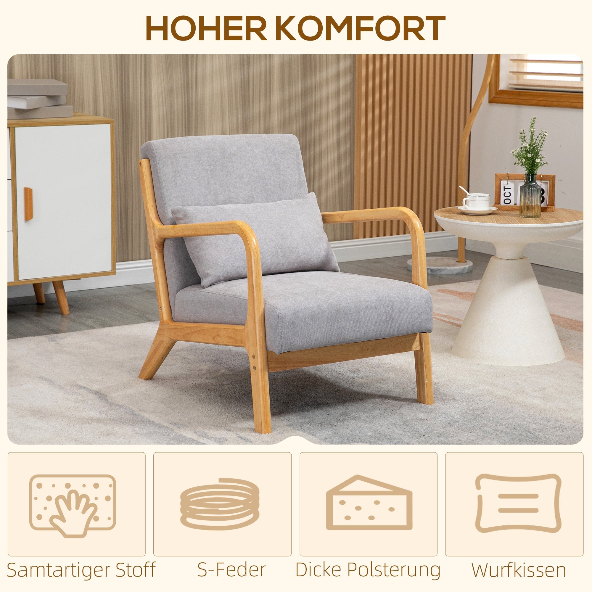 Armchair Lounge Chair Lumbar Cushion S-Spring Wooden Frame, Grey Velvet Look