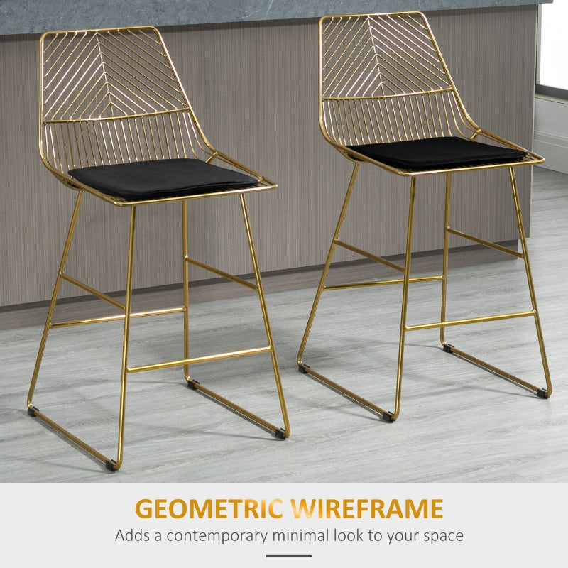 Set of 2 Bar Stools, Modern Counter Height Chairs, Wire Metal Frame, Gold