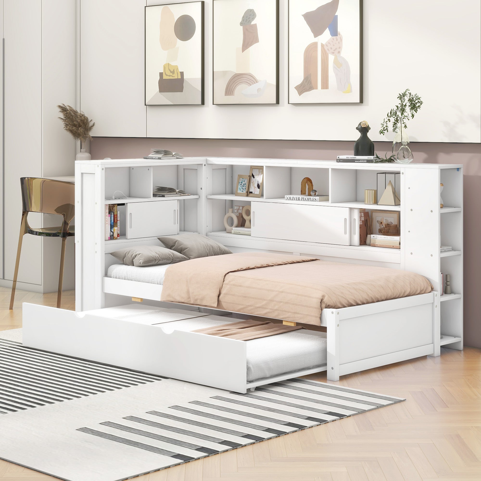 Daybed 90x200cm Pull-out Bed Storage USB - White Chipboard
