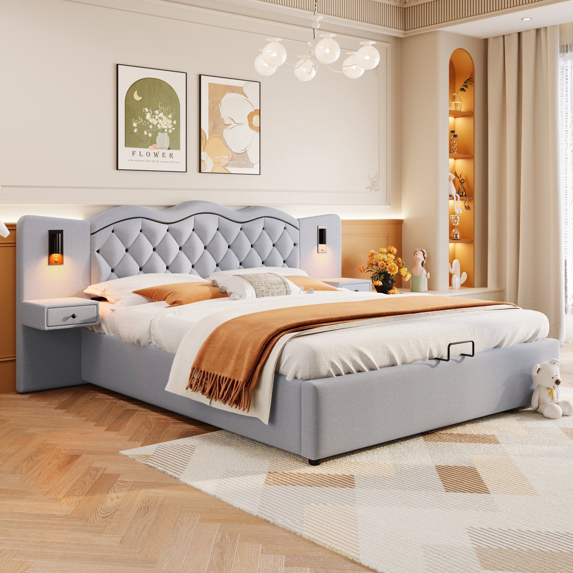 Upholstered Flat Bed with Hydraulic Lifting Mechanism, USB Ports and Storage, Grey