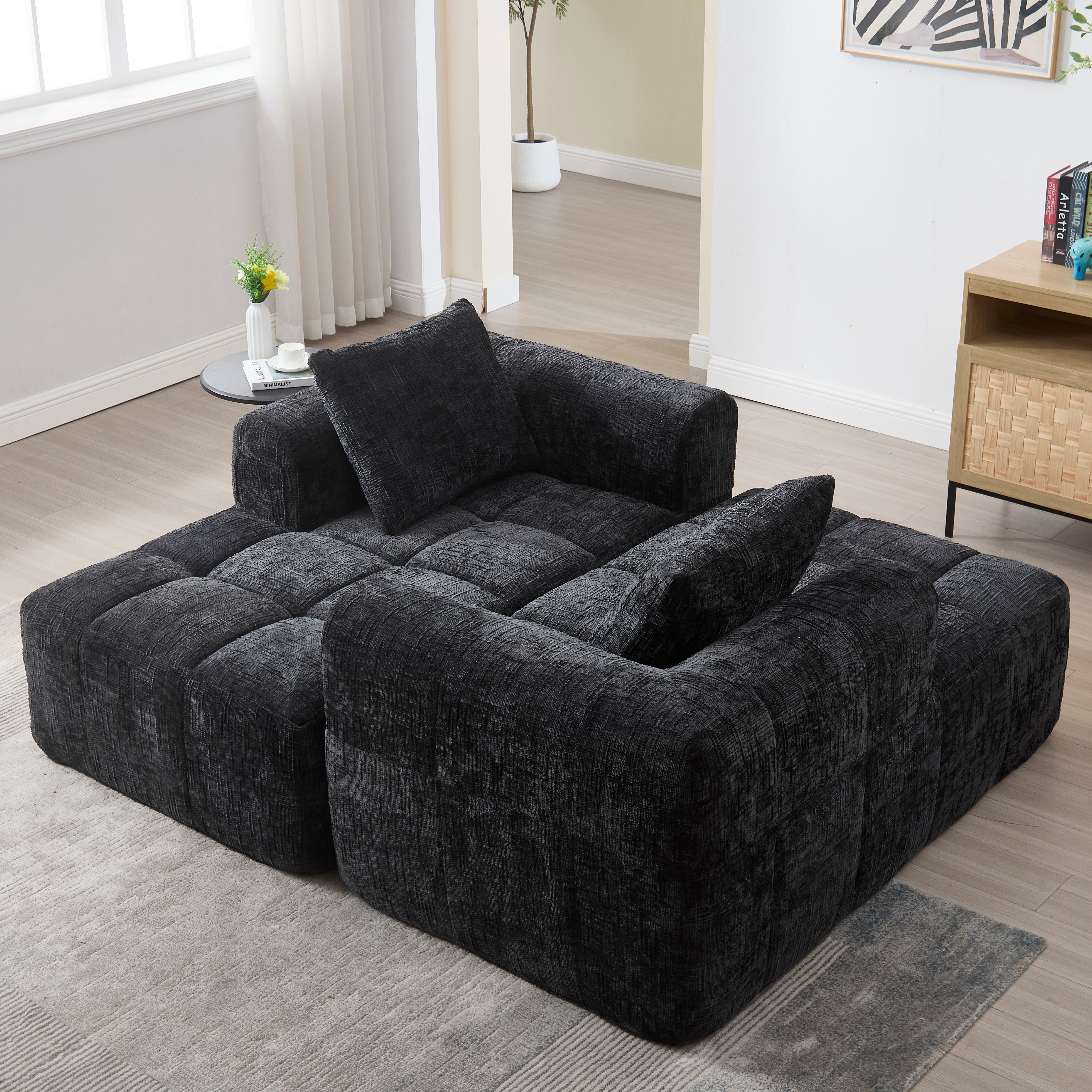 Chaise Longue Sofa, Soft Cushions Side Pockets, Black