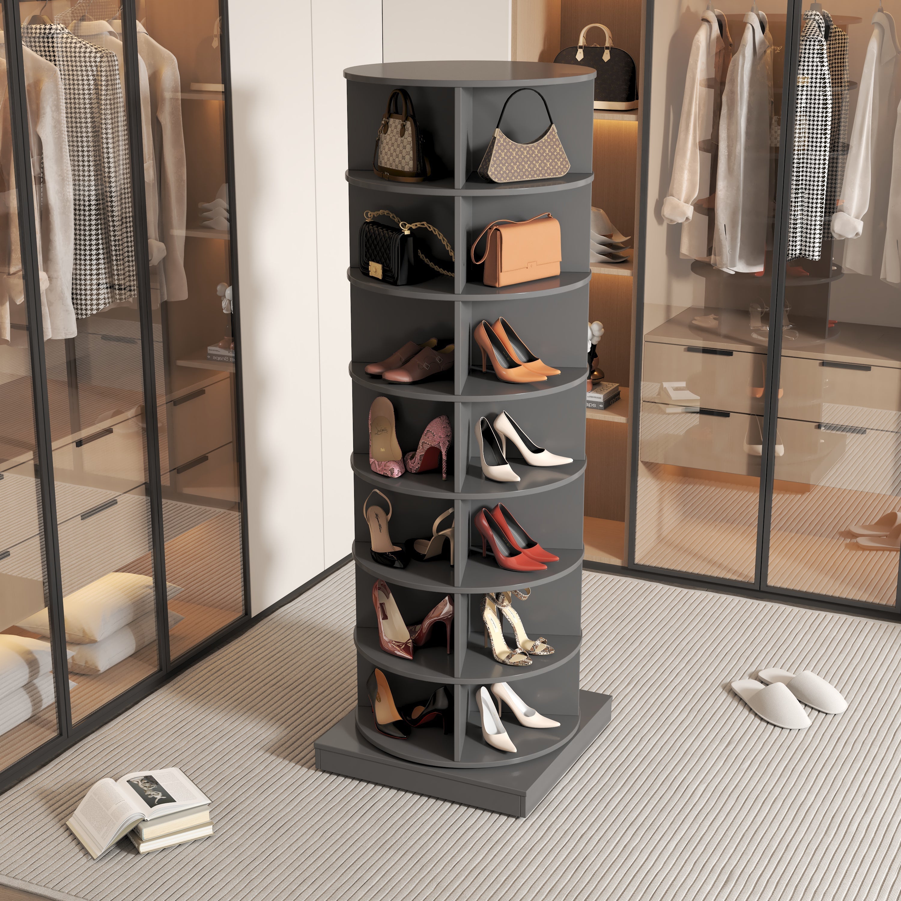 Rotating Shoe Cabinet 360° 7 Shelves 28 Pair Capacity - Grey