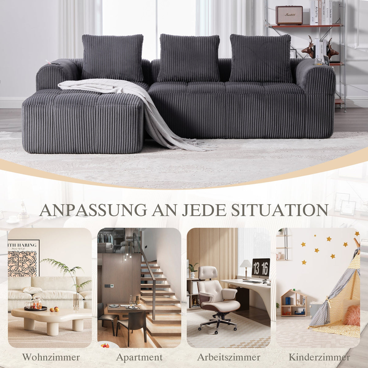 Compact Sofa Modular Side Pocket Cup Holder 3 Cushions - Corduroy Dark Gray