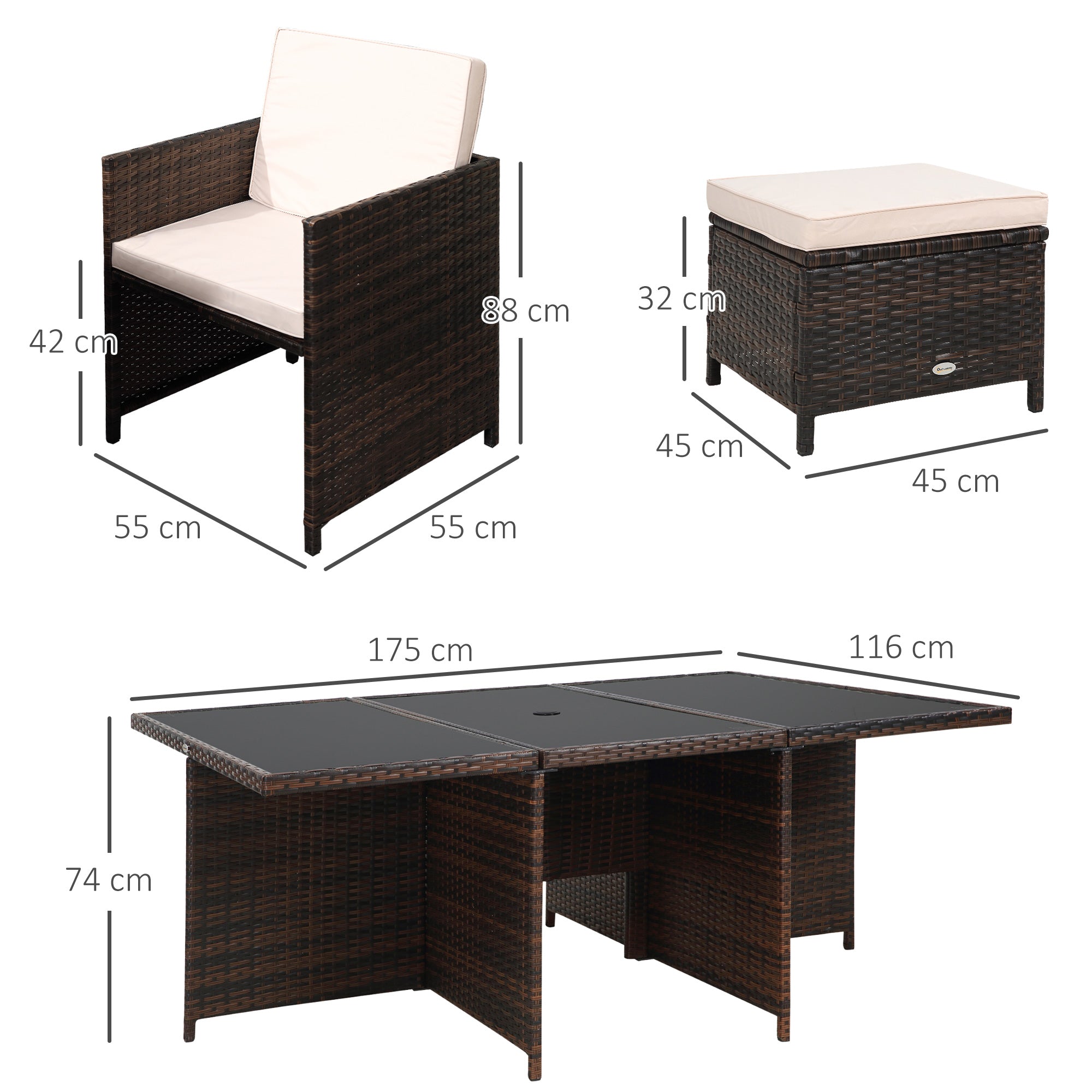 10 Seater Rattan Cube Garden Dining Set w/ Parasol Hole & Cushions, Glass Top, Mixed Brown
