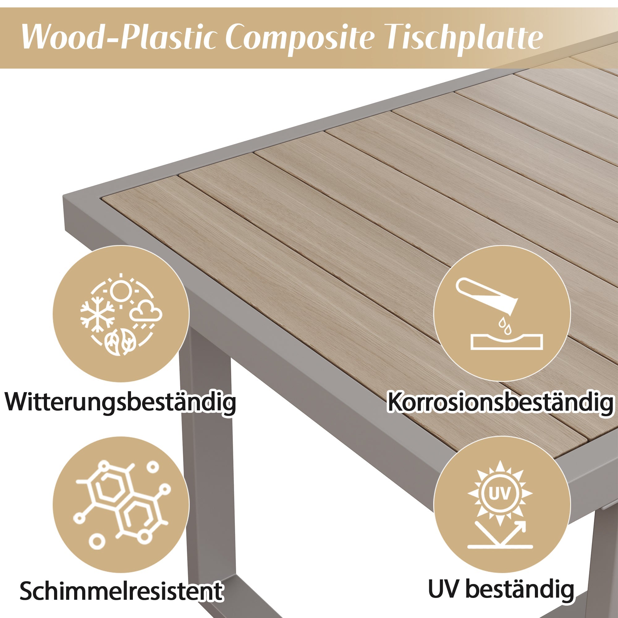 Garden Lounge Set with 3-Seater Sofa, 2 Armchairs, Bench and Dining Table, Beige PE Woven Rope and WPC Tabletop