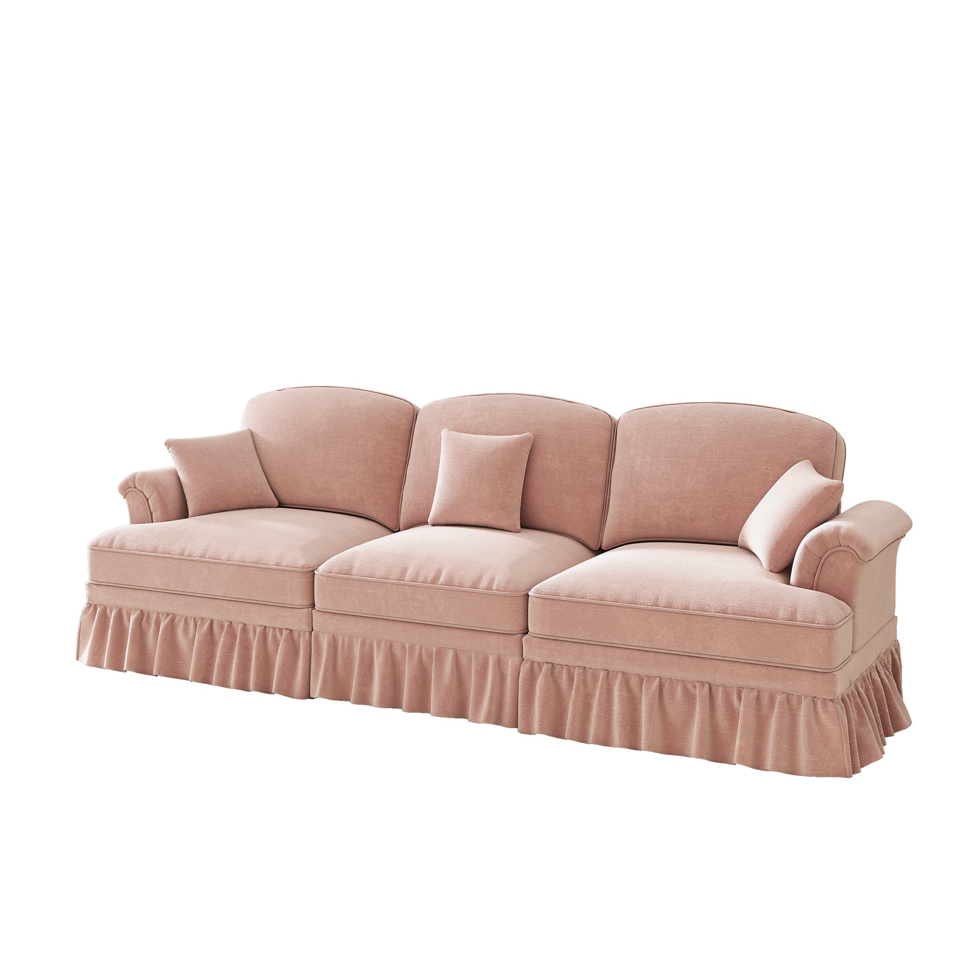 3-Seater Sofa Mid-Century Ruffled Apron Spindly Legs - Chenille Pink