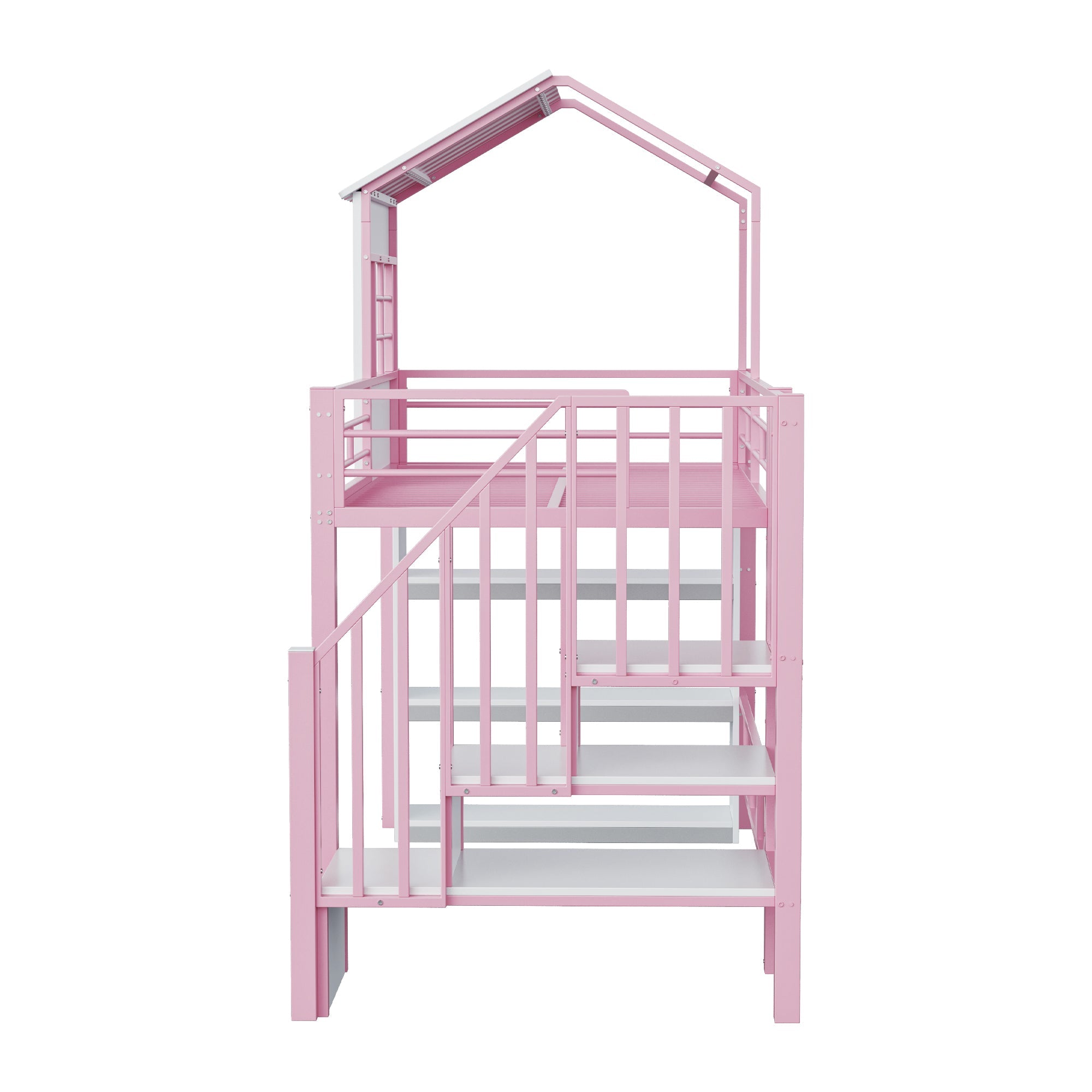 Iron Loft Bed with House Design, Storage Shelf and Safety Rail, 90x200cm, Pink Iron