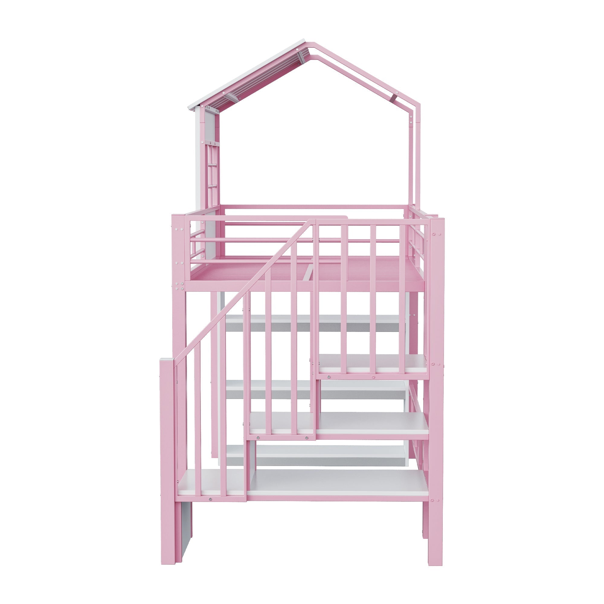 Iron Loft Bed with House Design, Storage Shelf and Safety Rail, 90x200cm, Pink Iron