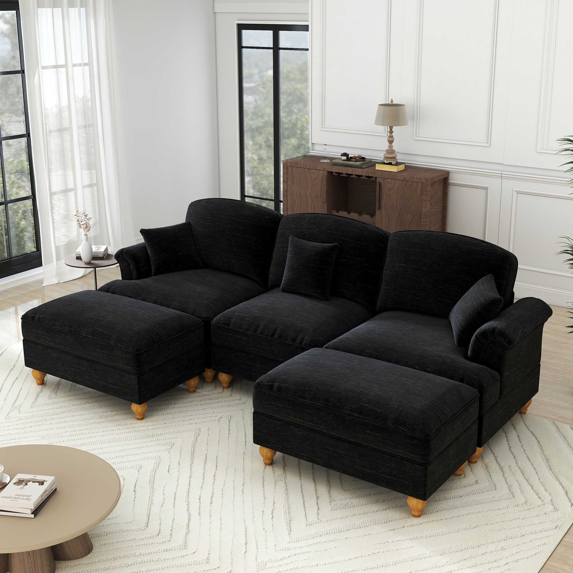 Modular U-Shaped Sofa Movable Ottoman Ruffled Apron Chenille Black