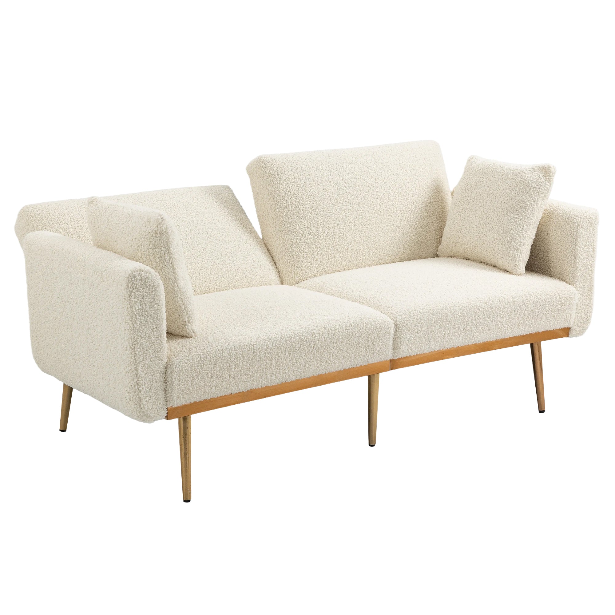 GOMYWAY Modern 2-Seater Sofa 3-Speed Adjustable Backrest Gold Metal Legs White Teddy
