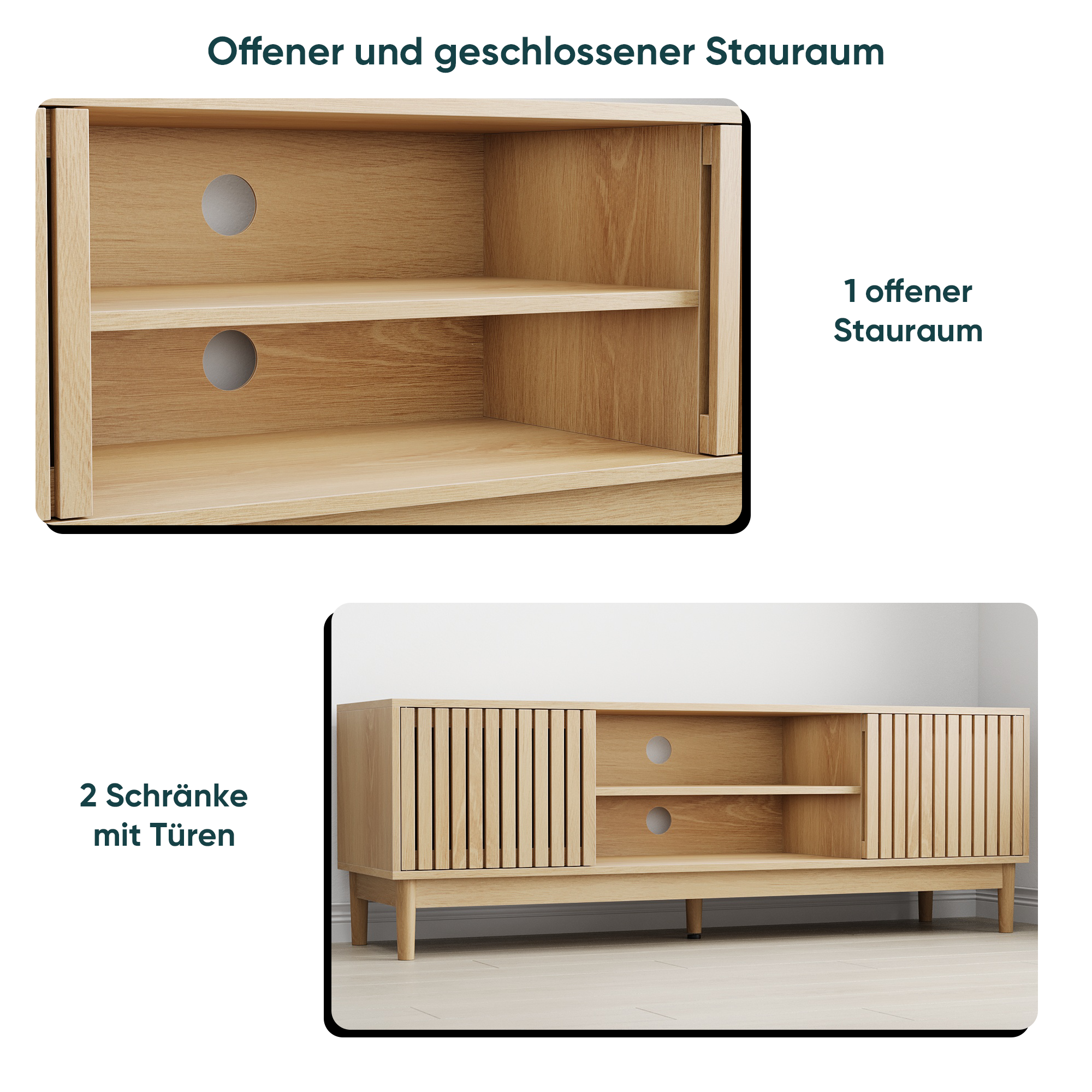 Mid-Century Modern TV Stand for 55/65 Inch TVs with Storage, 140cm High Media Console, Oak Color