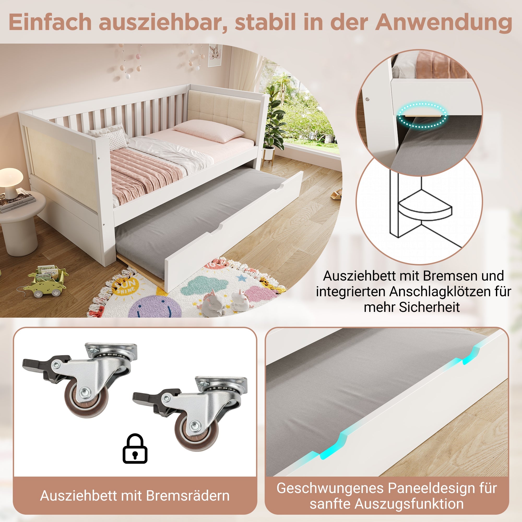 Daybed with Pull-out Bed, 90x190cm Space-Saving Design with Slatted Base, White Wood
