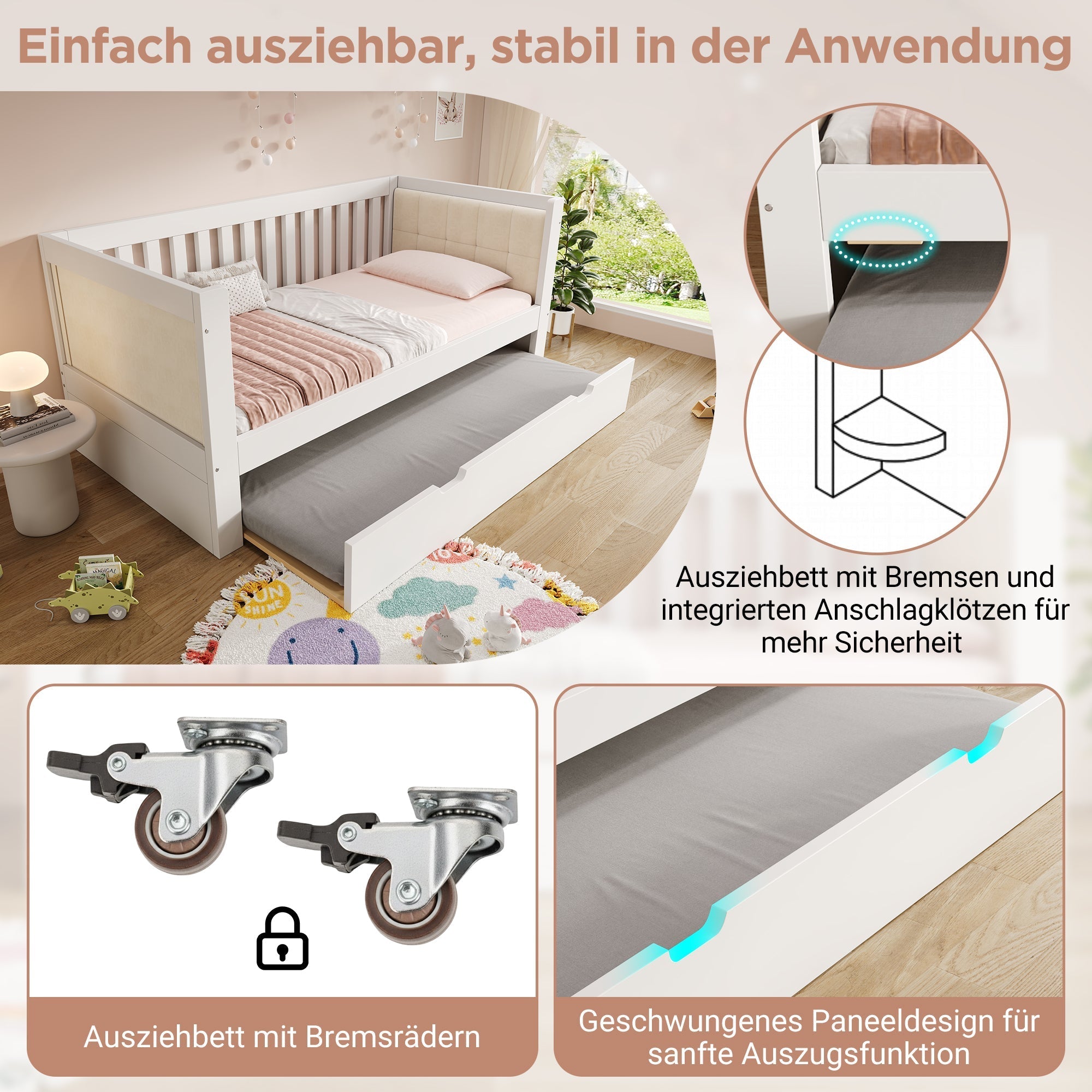 Daybed with Pull-out Bed, 90x190cm Space-Saving Design with Slatted Base, White Wood