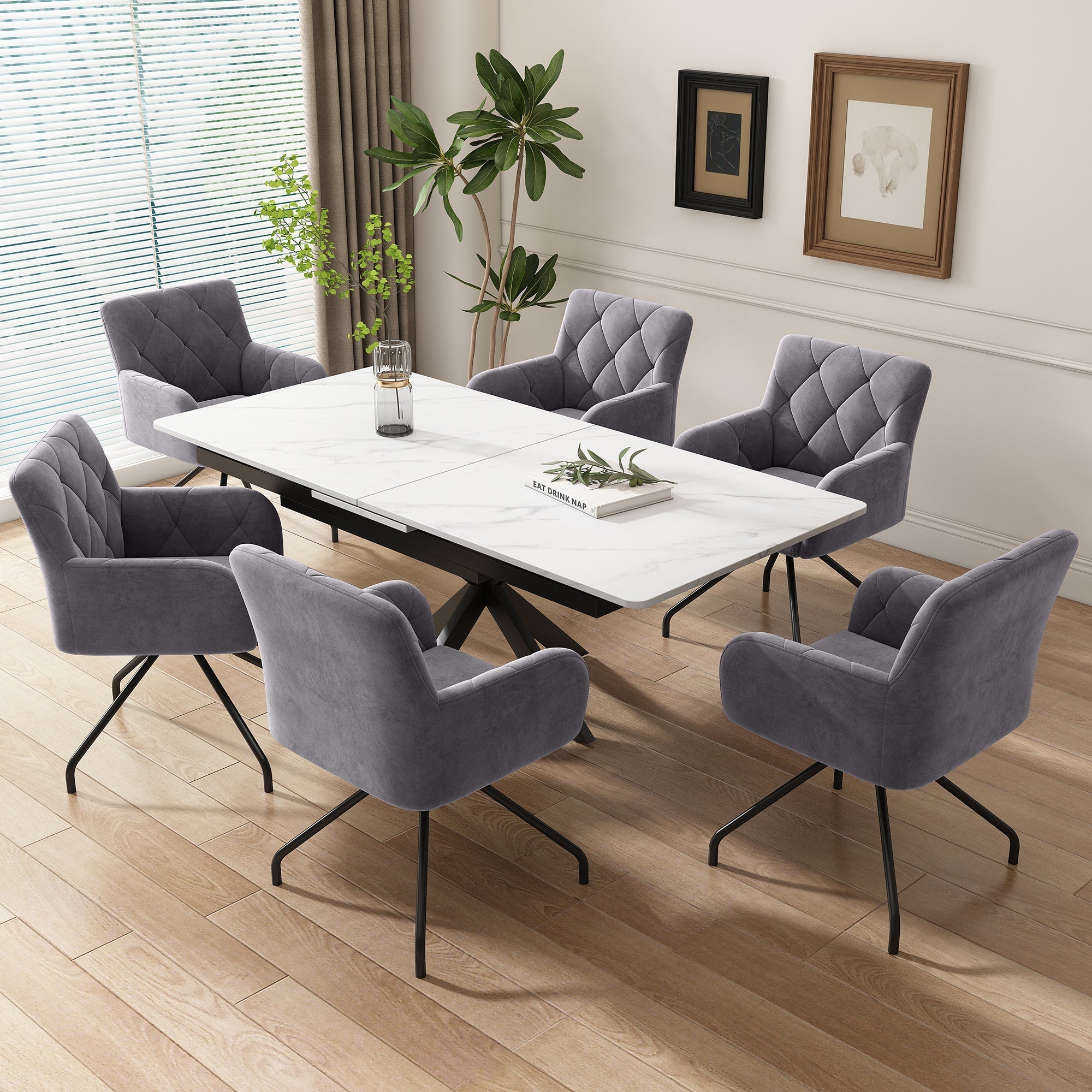 Set of 6 Dining Chairs with Diamond Pattern and Lumbar Support, Grey Velvet