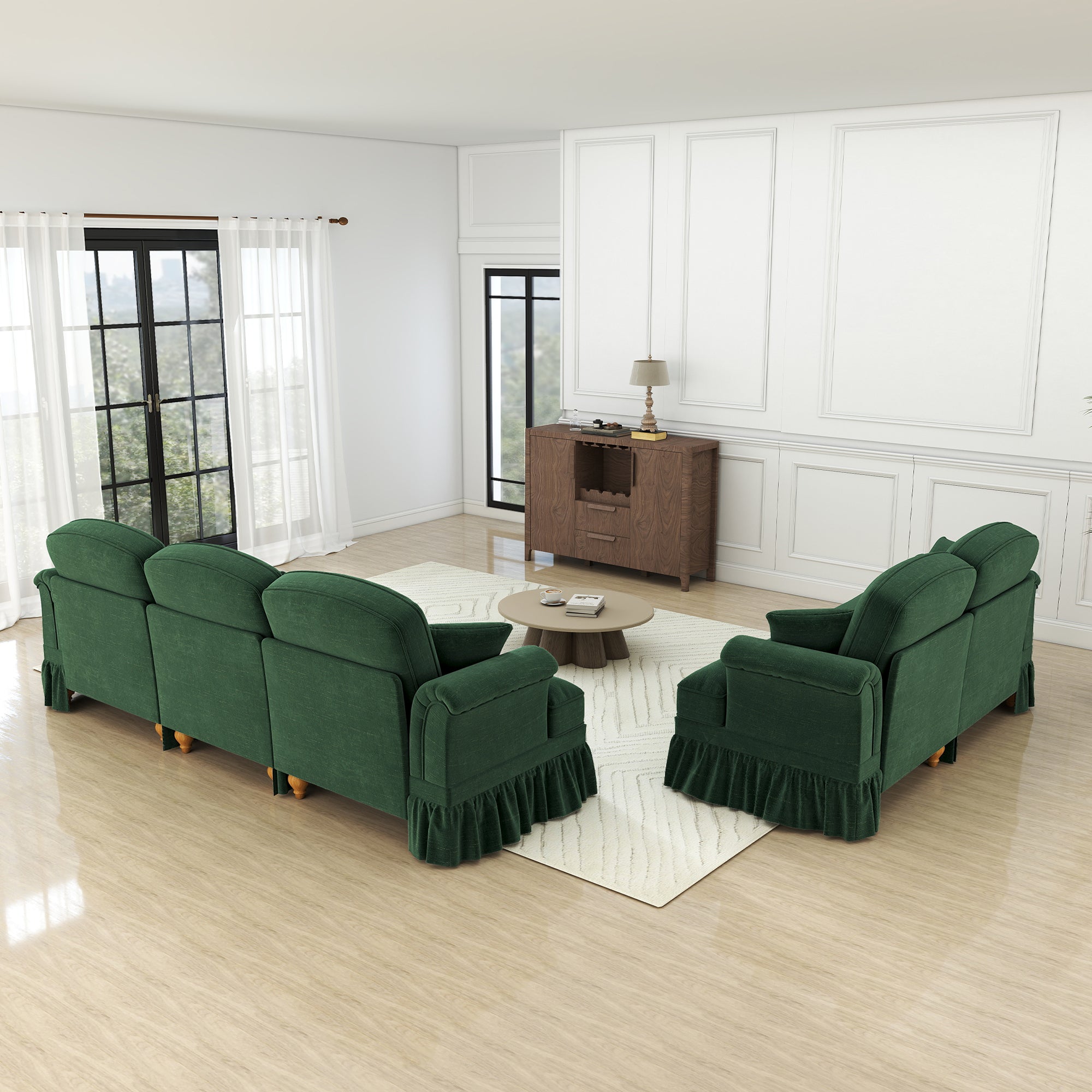 Classic 2-Piece Modular Sofa Set 3-Seater & 2-Seater Loveseat Ruffled Spindle Legs - Chenille Green