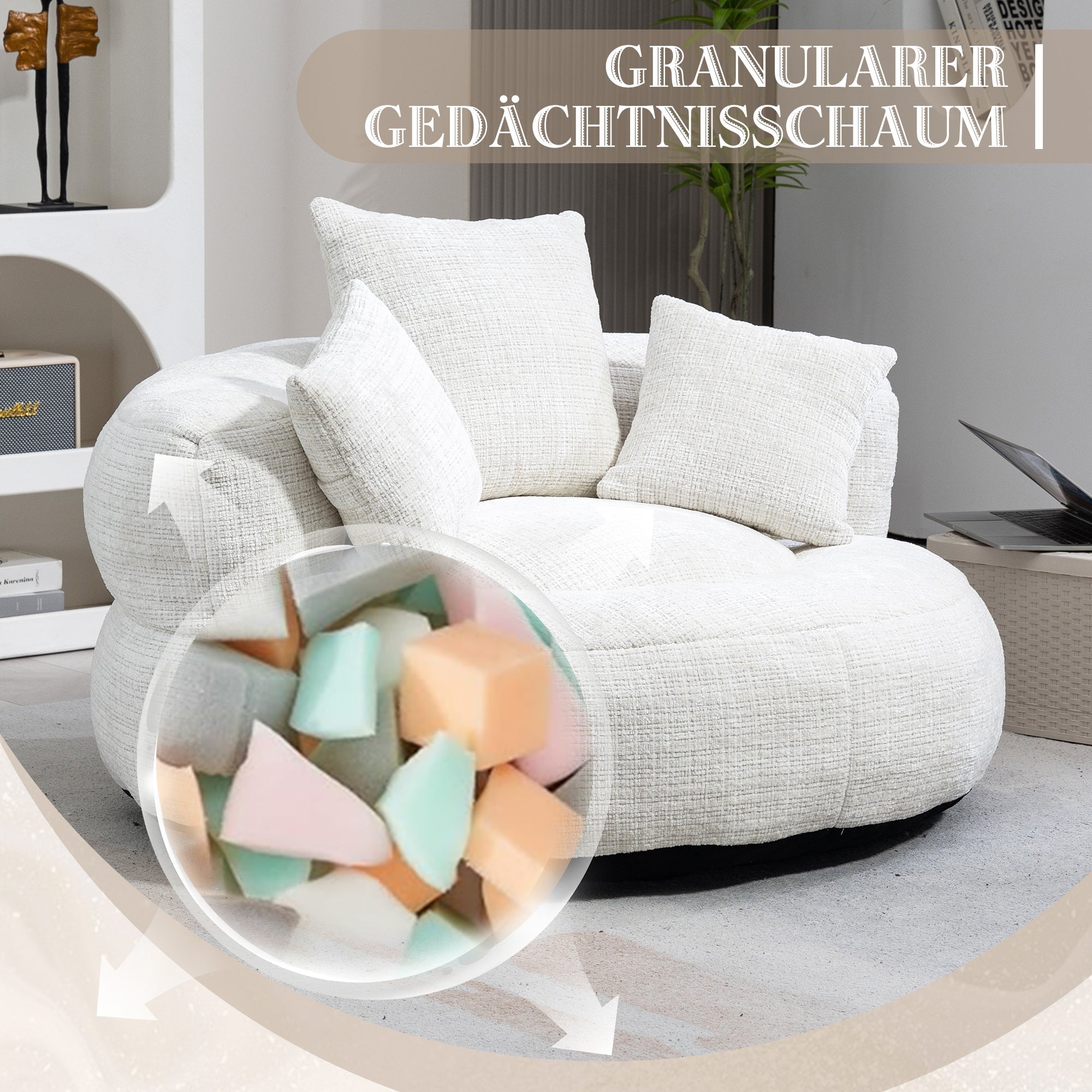 Lazy Sofa High Back Bean Bag Chair with Three Cushions, Indoor/Outdoor, Beige Chenille