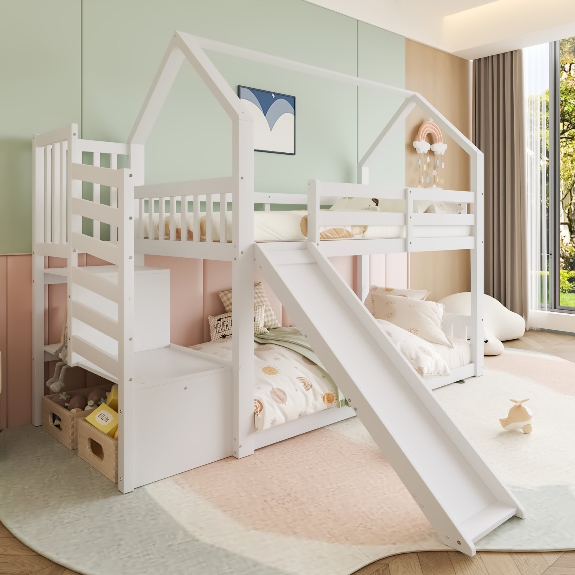 Bunk Bed House 90x200cm Storage Stairs Slide Railing - White