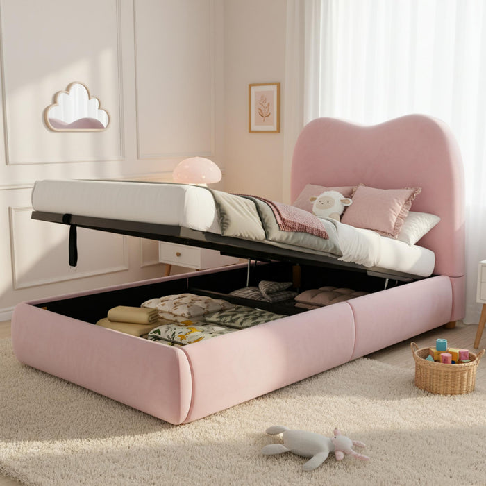 Upholstered Single Bed 90x200cm Hydraulic Storage Slatted Base - Velvet Pink