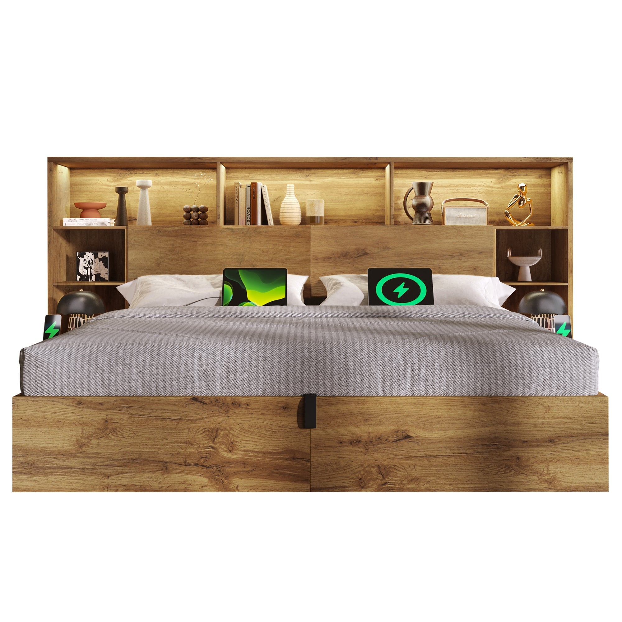 System Bed with Hydraulic Storage, Bedside Tables, LED & USB-C, 160x200cm, Oak Look Wood