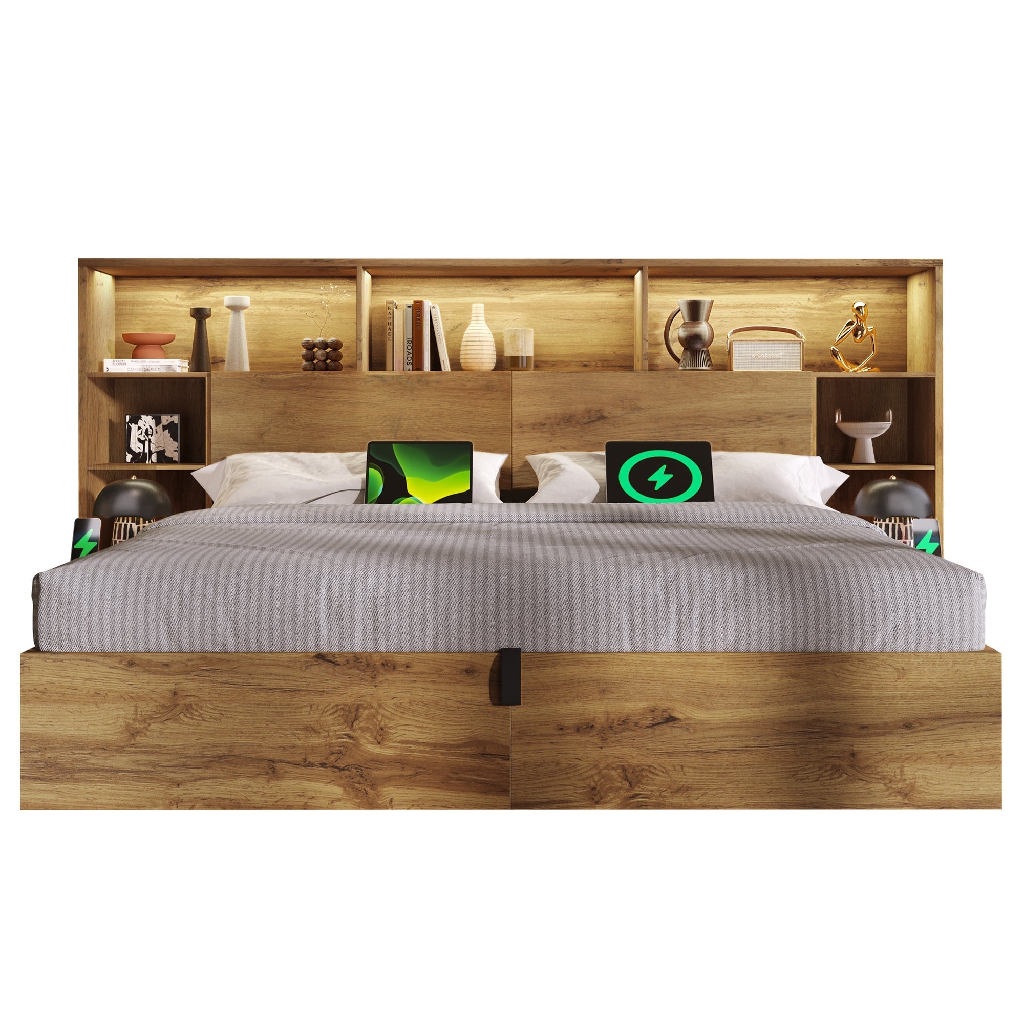 System Bed with Hydraulic Storage, Bedside Tables, LED & USB-C, 160x200cm, Oak Look Wood