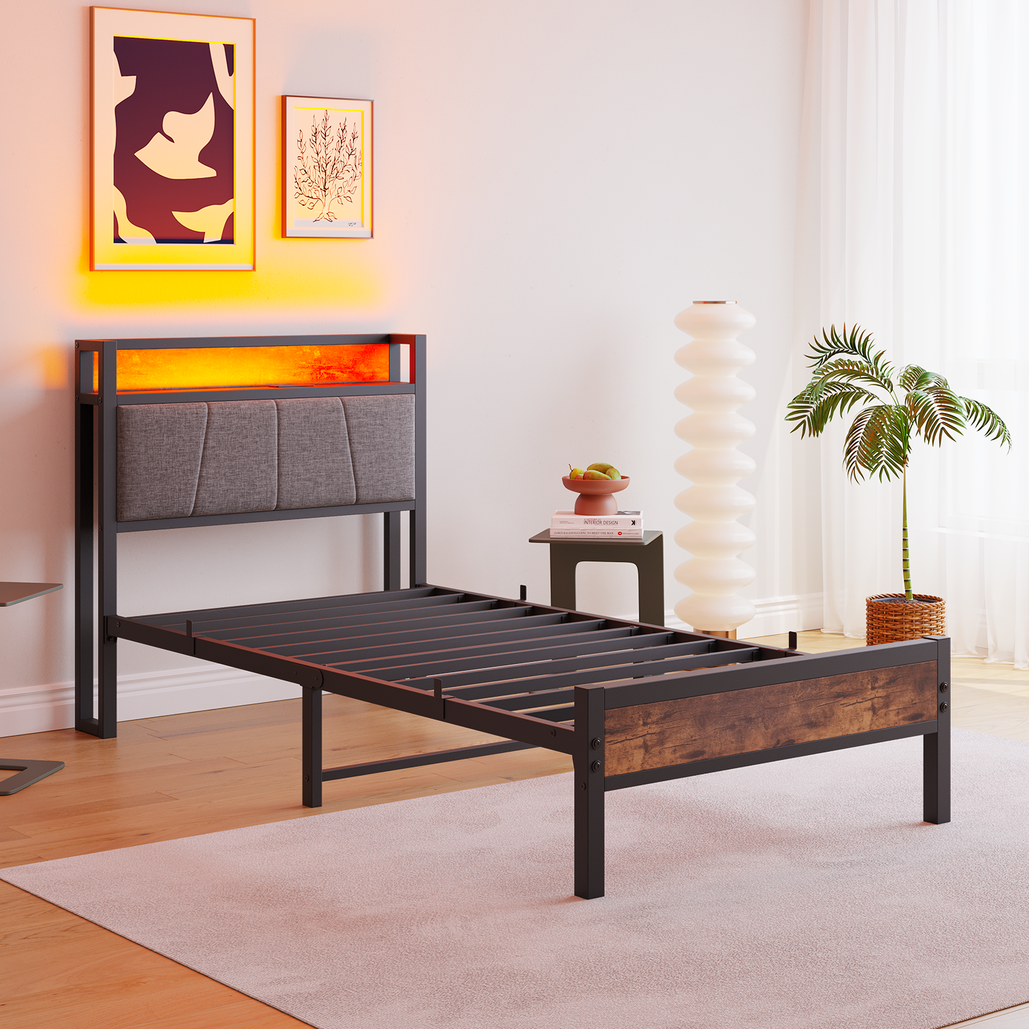 Bed Frame 90x200cm Smart LED Lights USB Charging - Metal