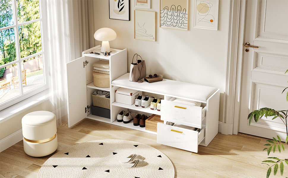 Shoe Cabinet 128x30x68cm with Bench, 2 Drawers, High-Gloss White