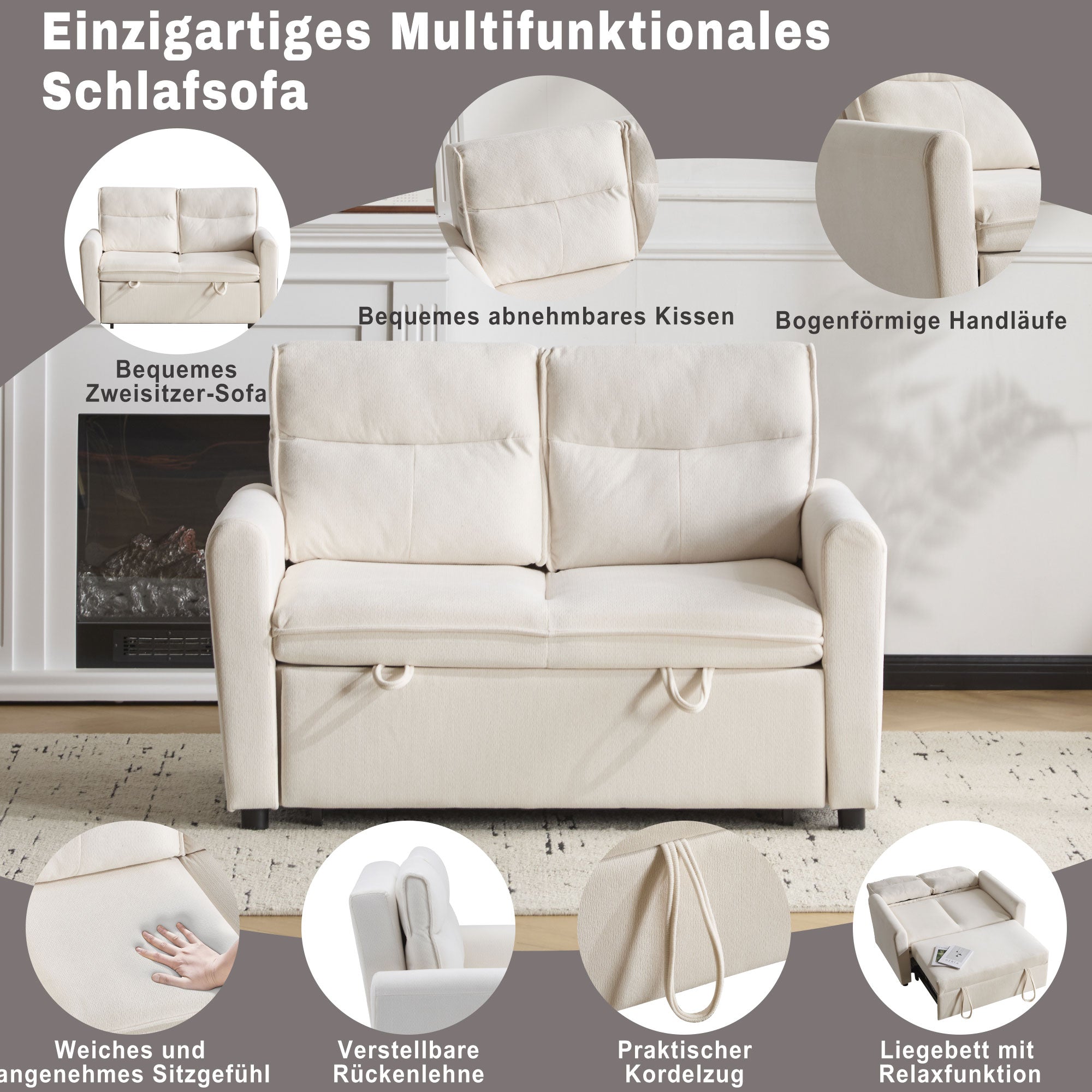 Sofa Bed, Modern 2-Seater Foldable with Pull-Out & Adjustable Backrest