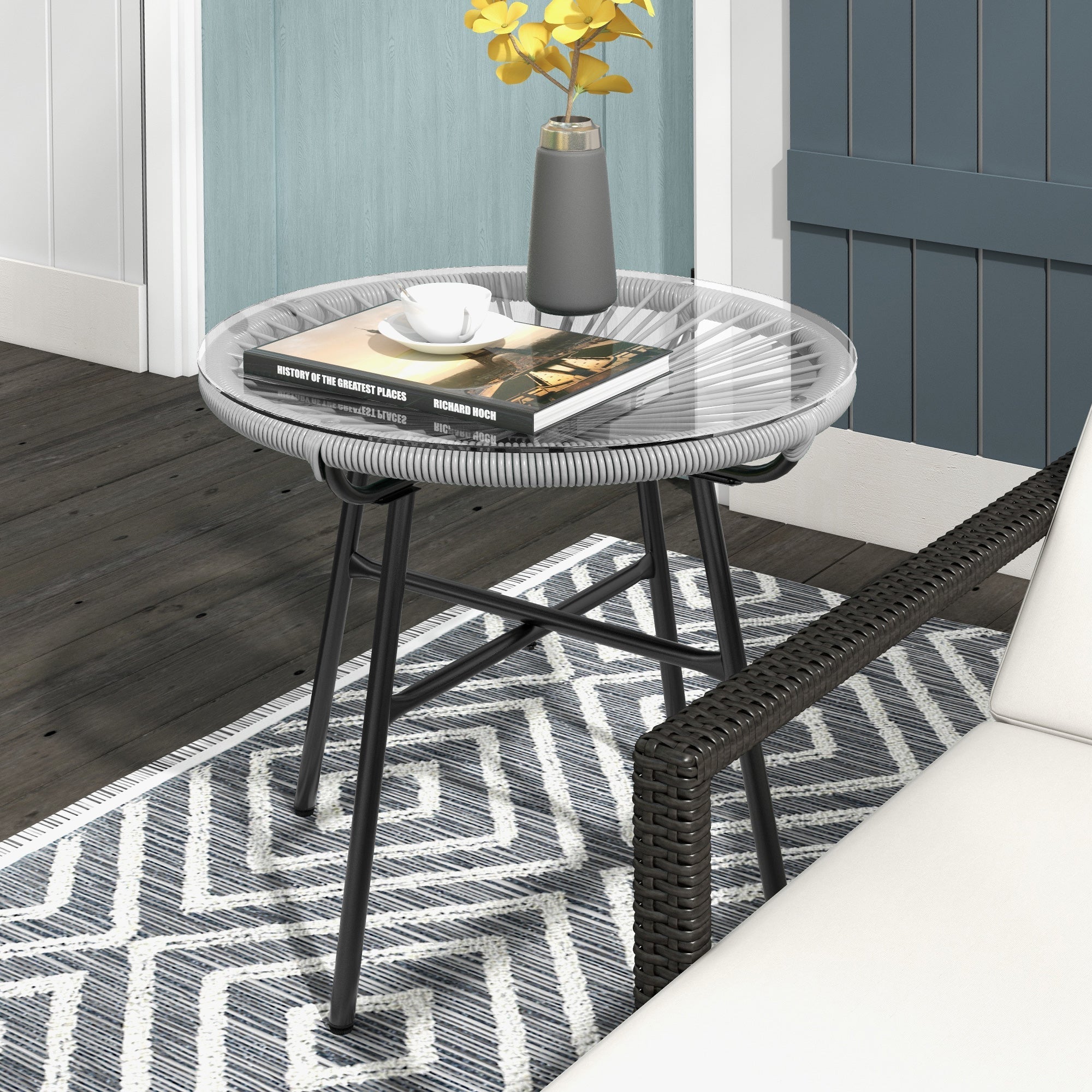 Rattan Table Round Glass Top 50x50x50cm Black/Grey